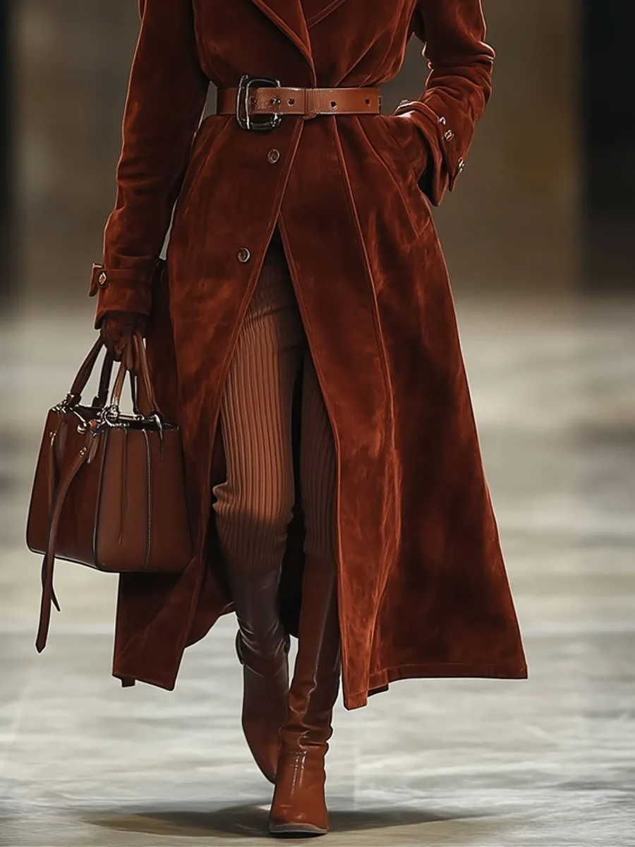 【24-hour shipping】Casual Loose Vintage Angora Red Suede Pocket Lapel Extra Long Coat
