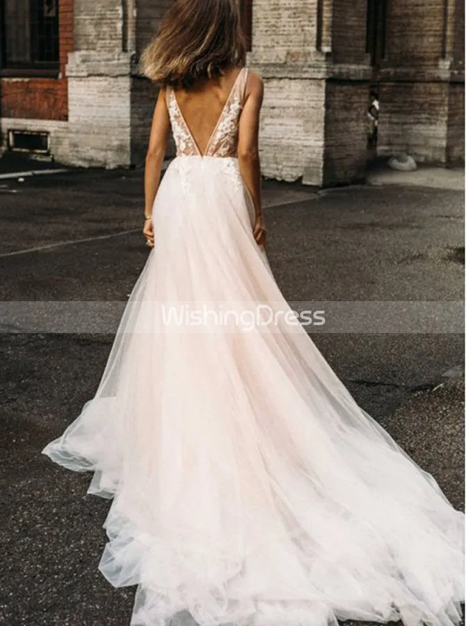 A-line Wedding Dress with Train,Boho Bridal Gown,WD00506