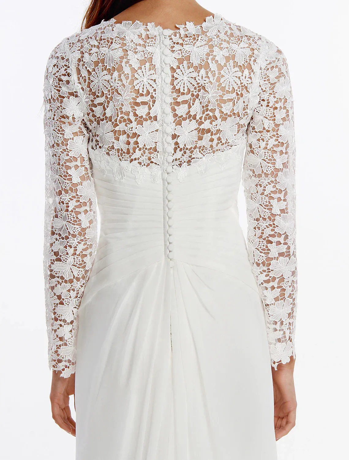 Beach Boho Wedding Dresses Sheath / Column V Neck Long Sleeve Sweep / Brush Train Chiffon Bridal Gowns With Lace Buttons Summer Wedding Party