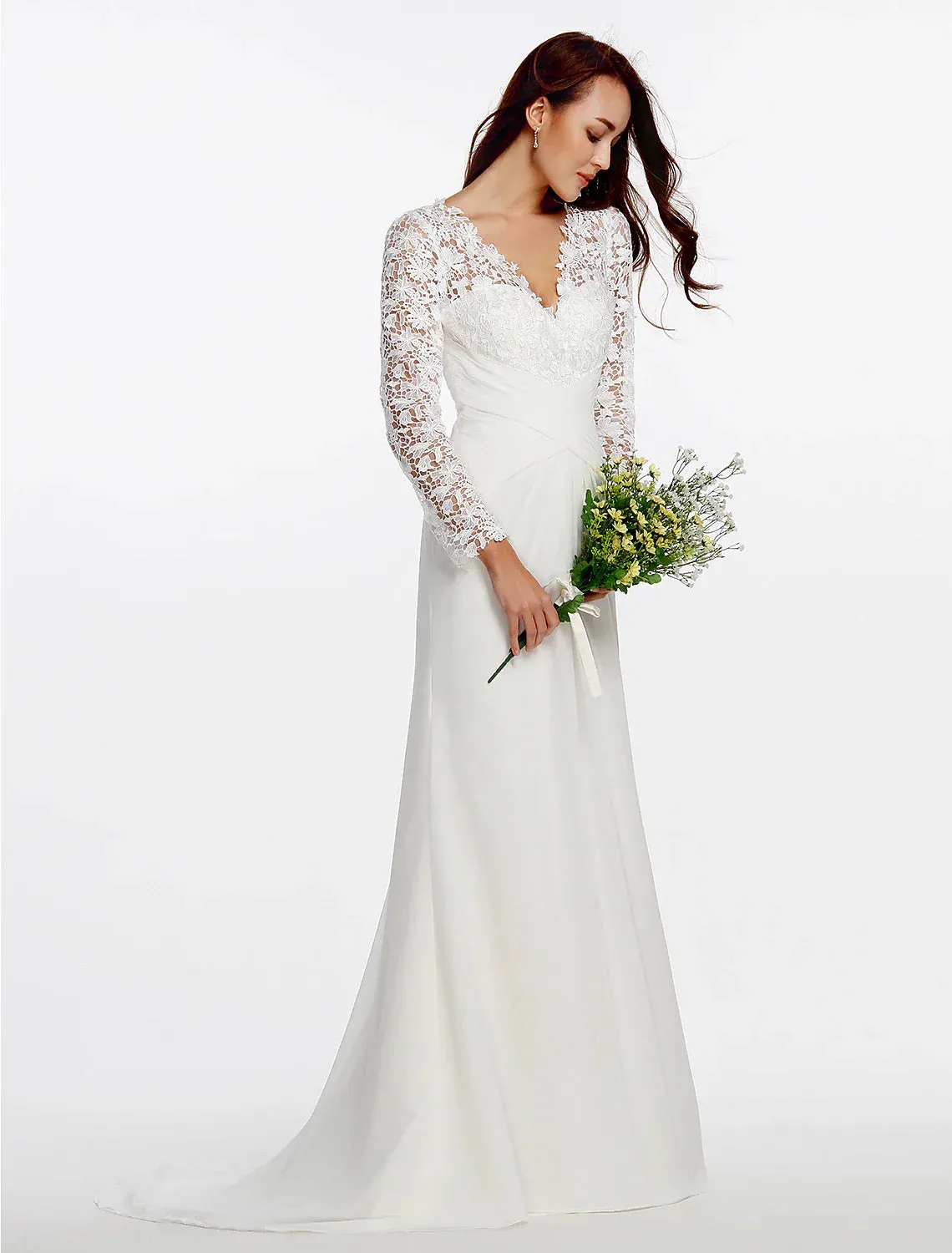Beach Boho Wedding Dresses Sheath / Column V Neck Long Sleeve Sweep / Brush Train Chiffon Bridal Gowns With Lace Buttons Summer Wedding Party
