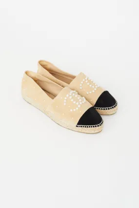 Beige & Black Suede Pearl Logo Espadrille Flat