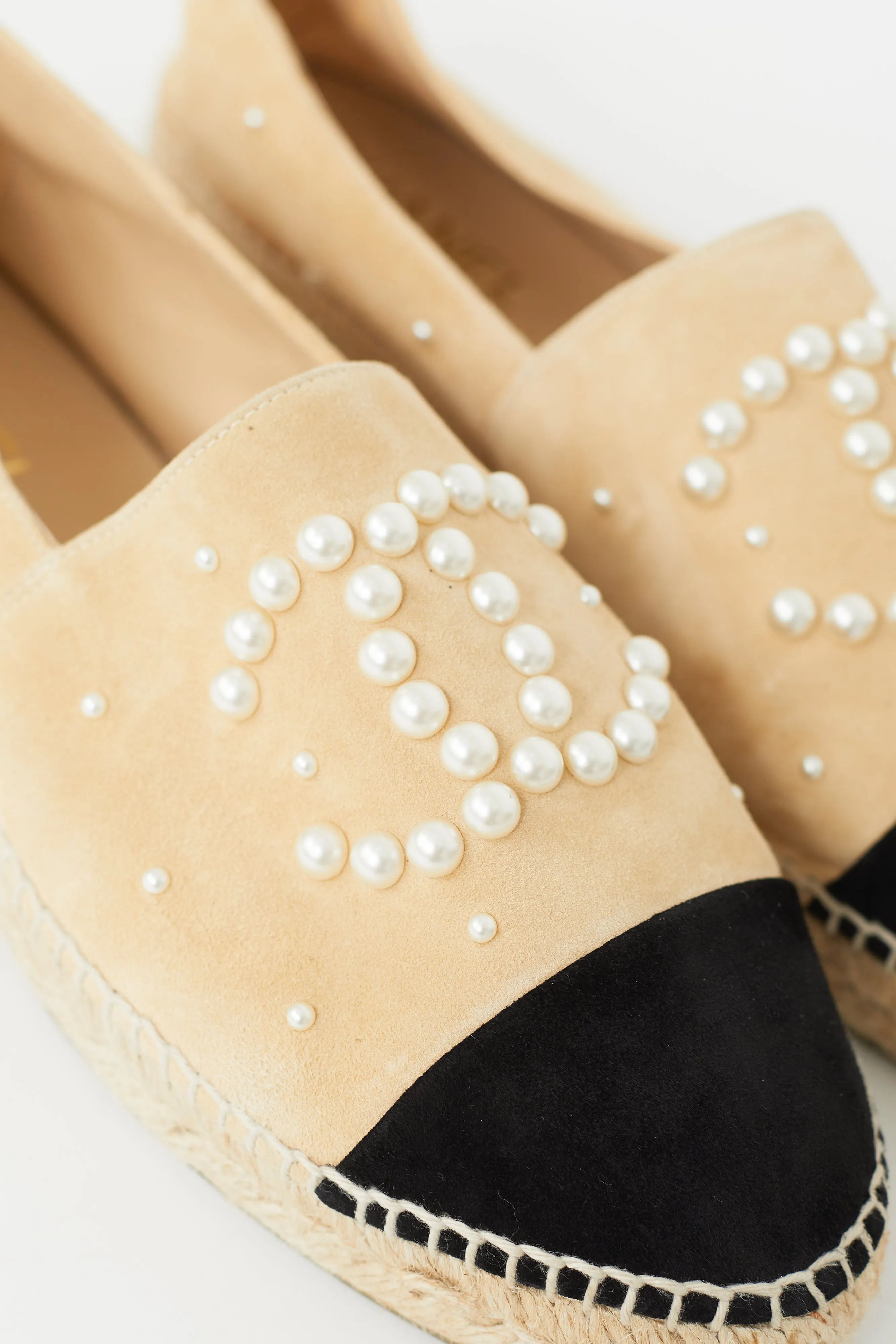 Beige & Black Suede Pearl Logo Espadrille Flat