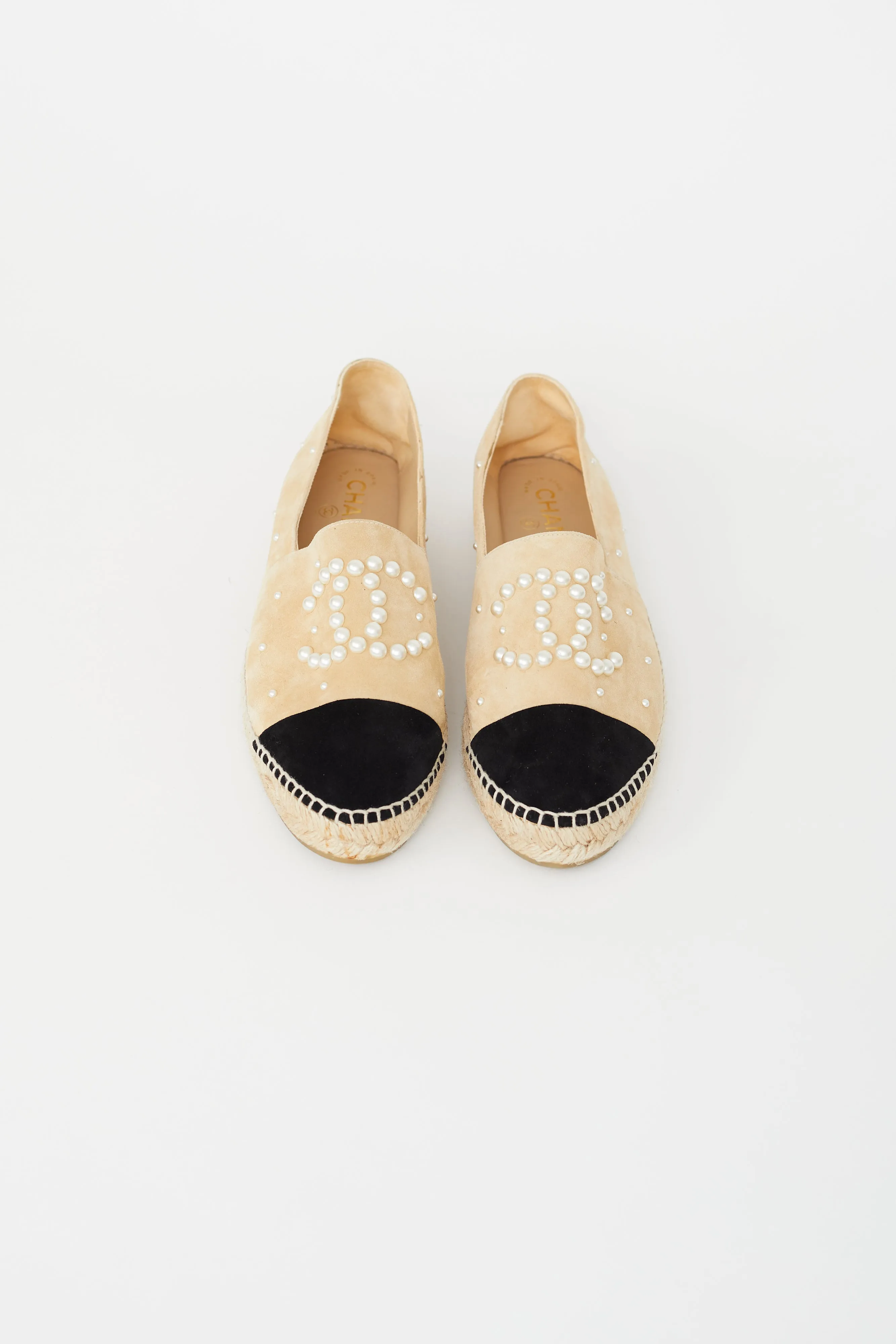 Beige & Black Suede Pearl Logo Espadrille Flat