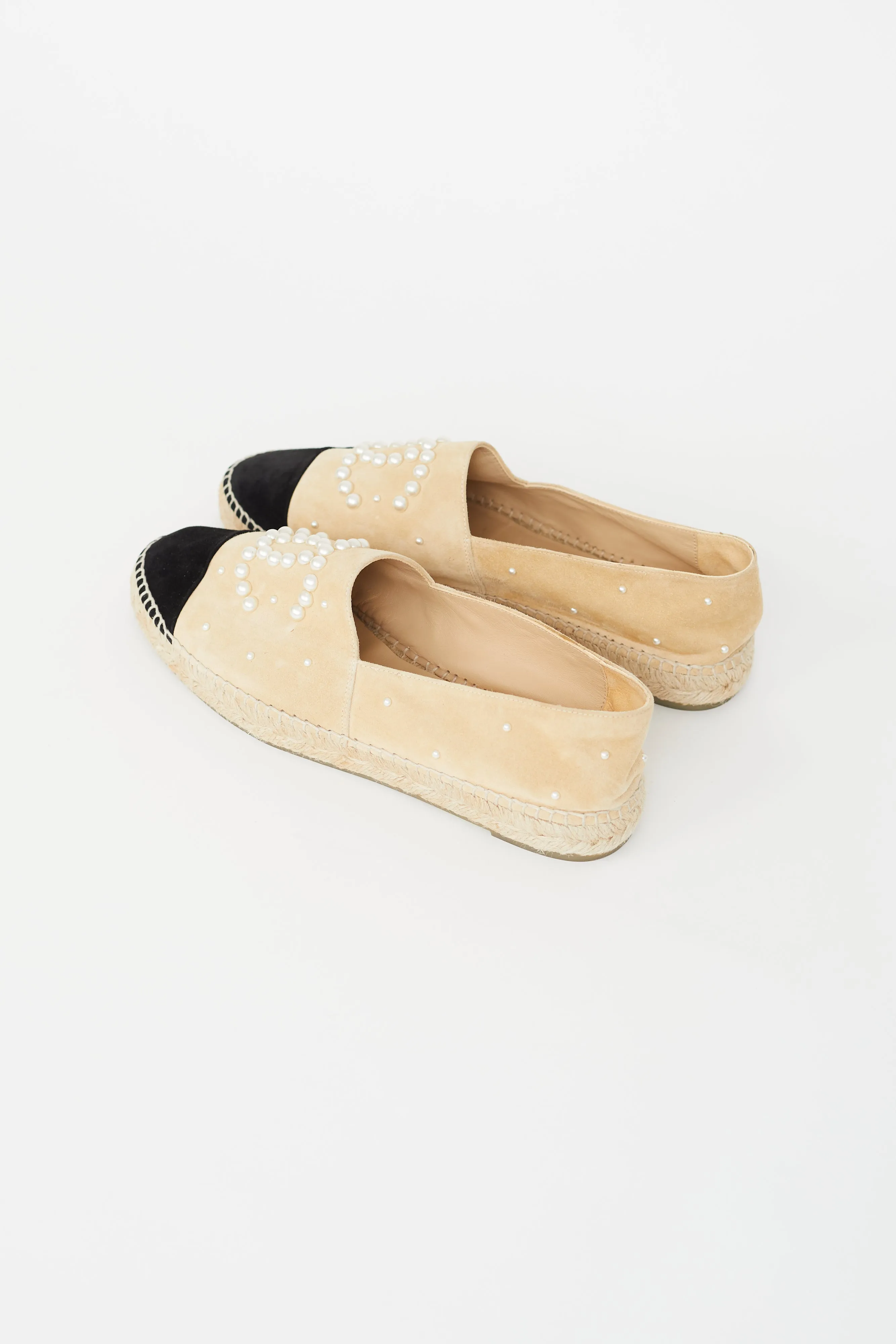 Beige & Black Suede Pearl Logo Espadrille Flat