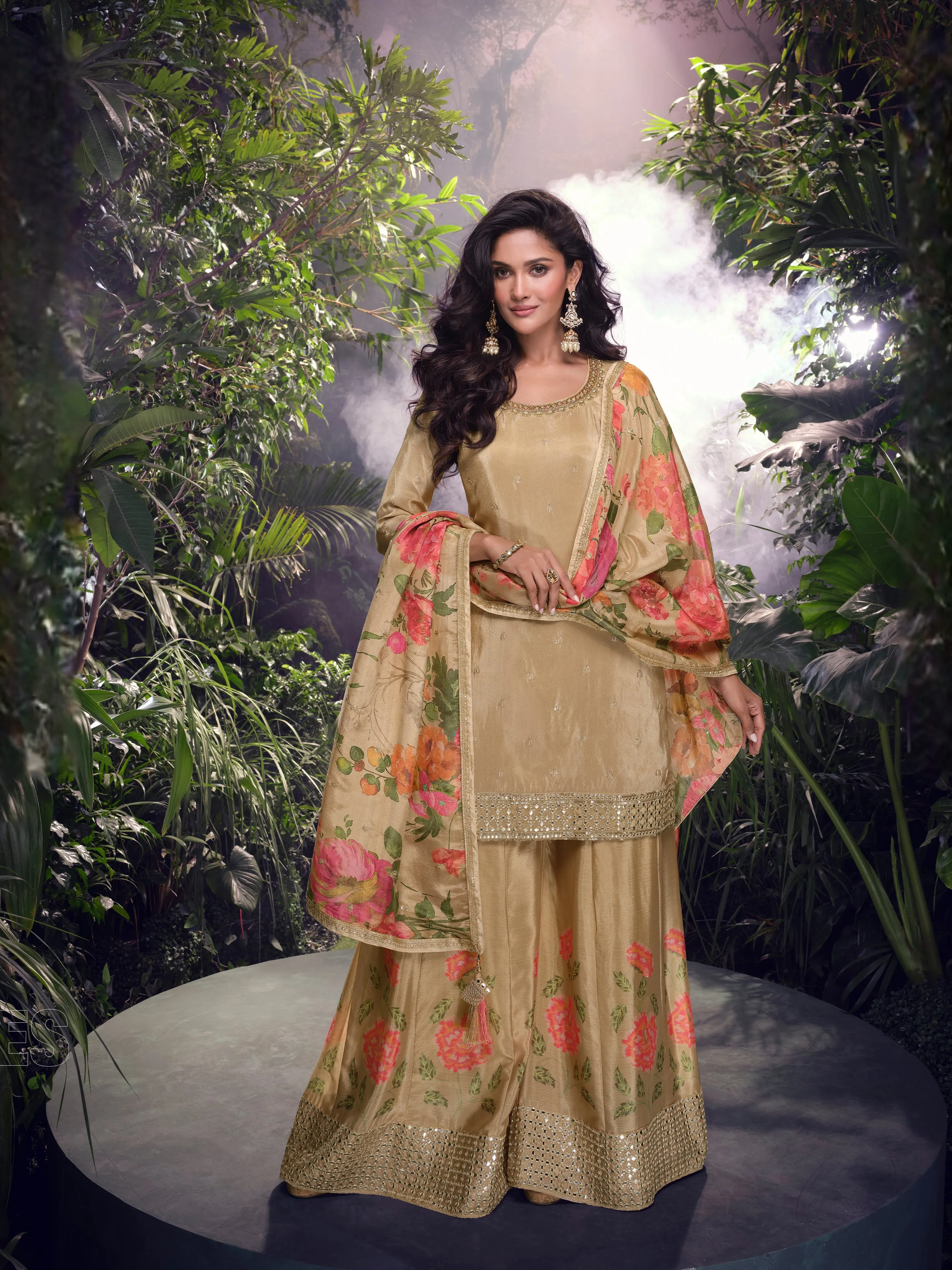 Beige Floral Digital Print Simar Silk Sharara Suit