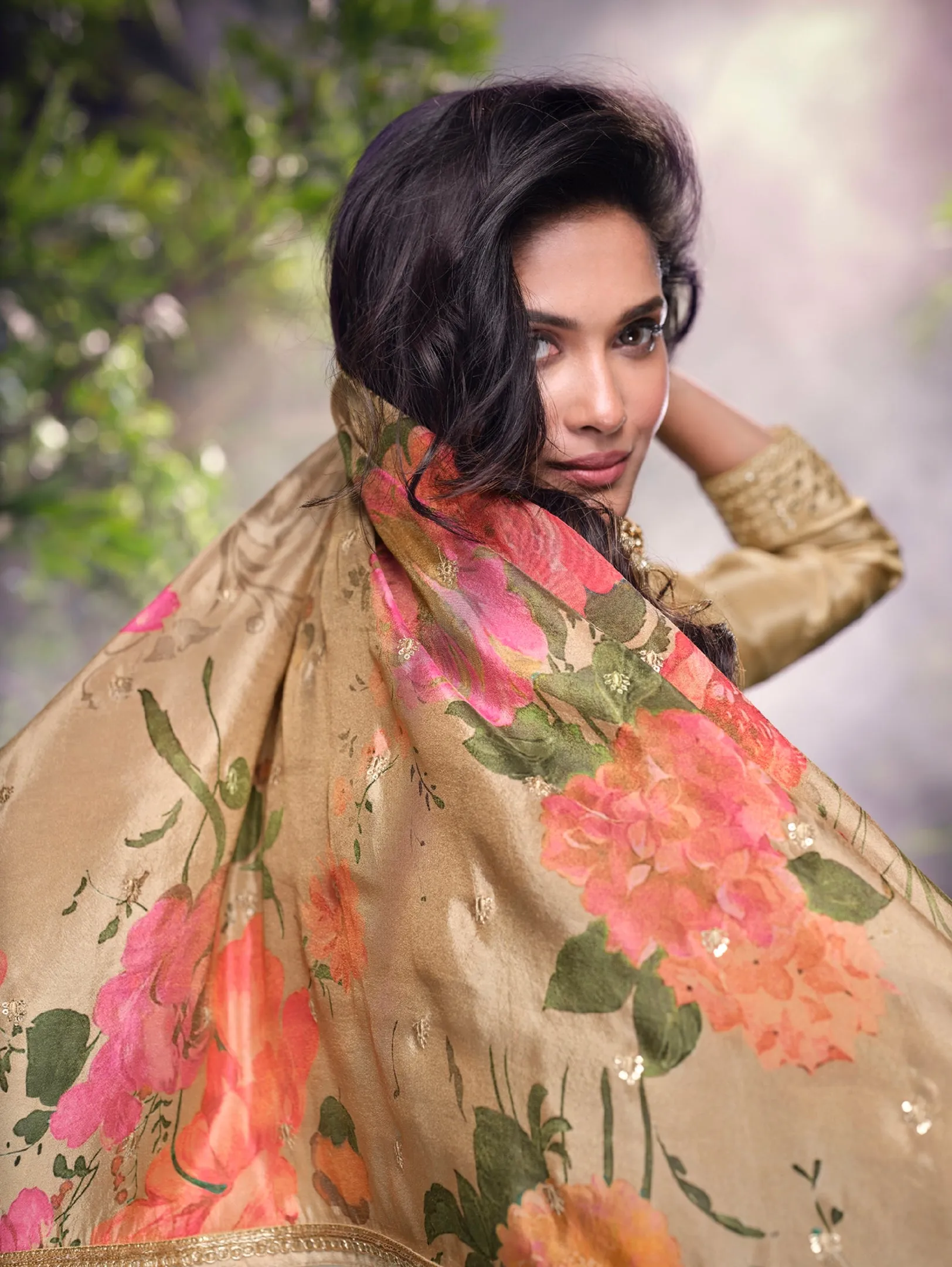 Beige Floral Digital Print Simar Silk Sharara Suit