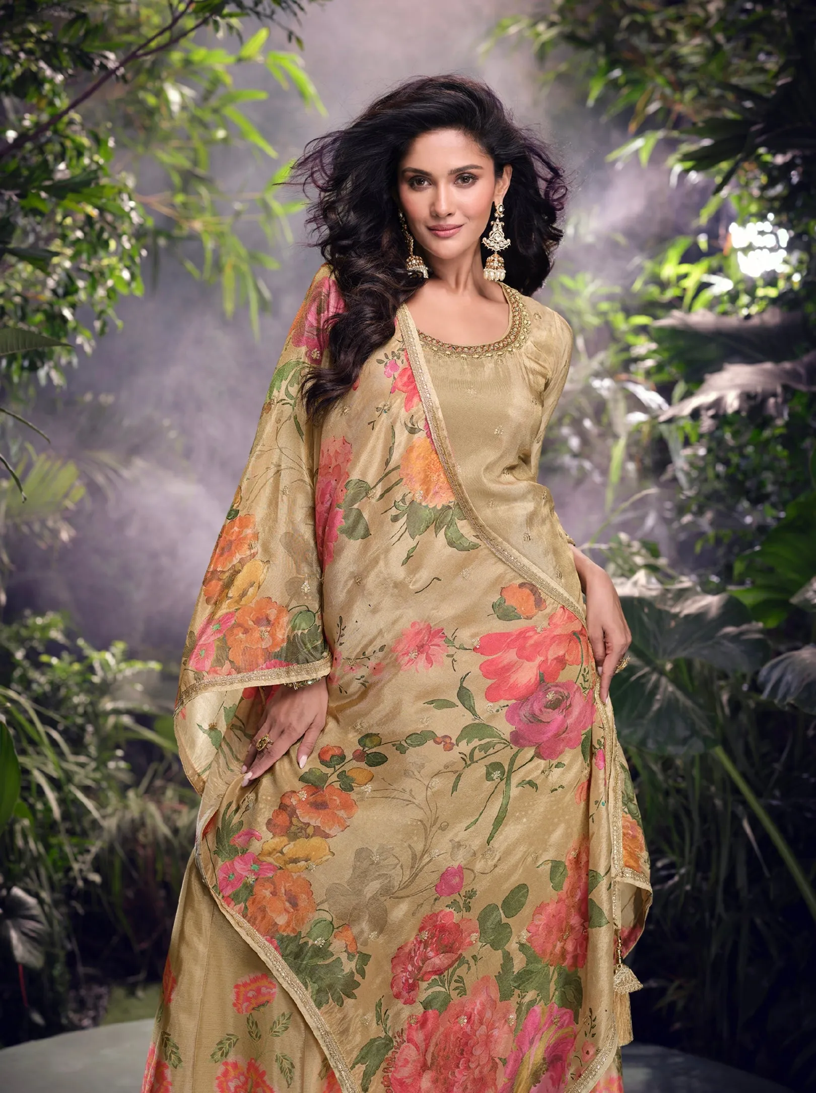 Beige Floral Digital Print Simar Silk Sharara Suit
