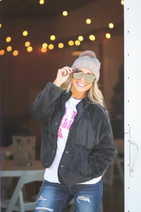 Black Faux Fur Button Down Jacket