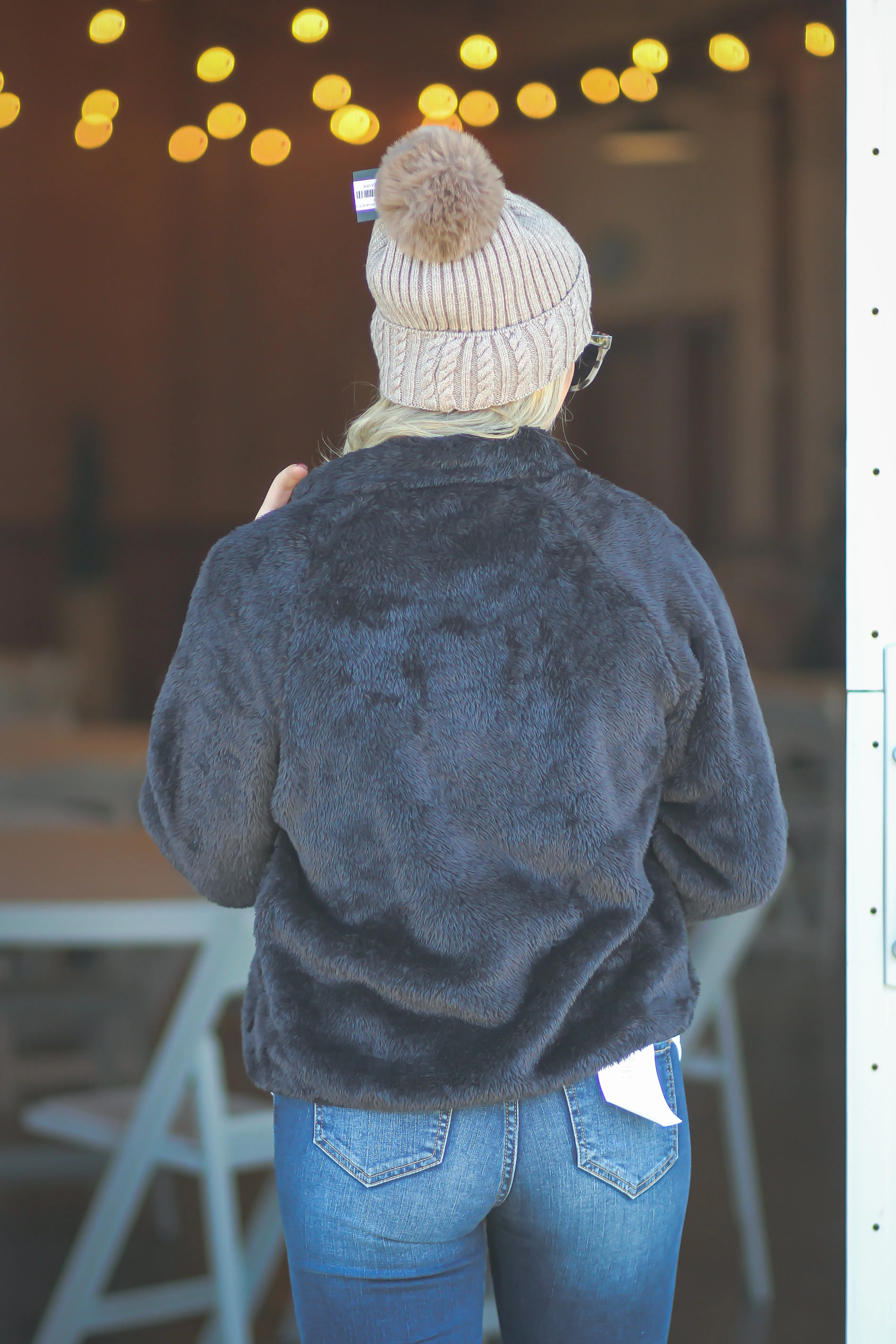 Black Faux Fur Button Down Jacket