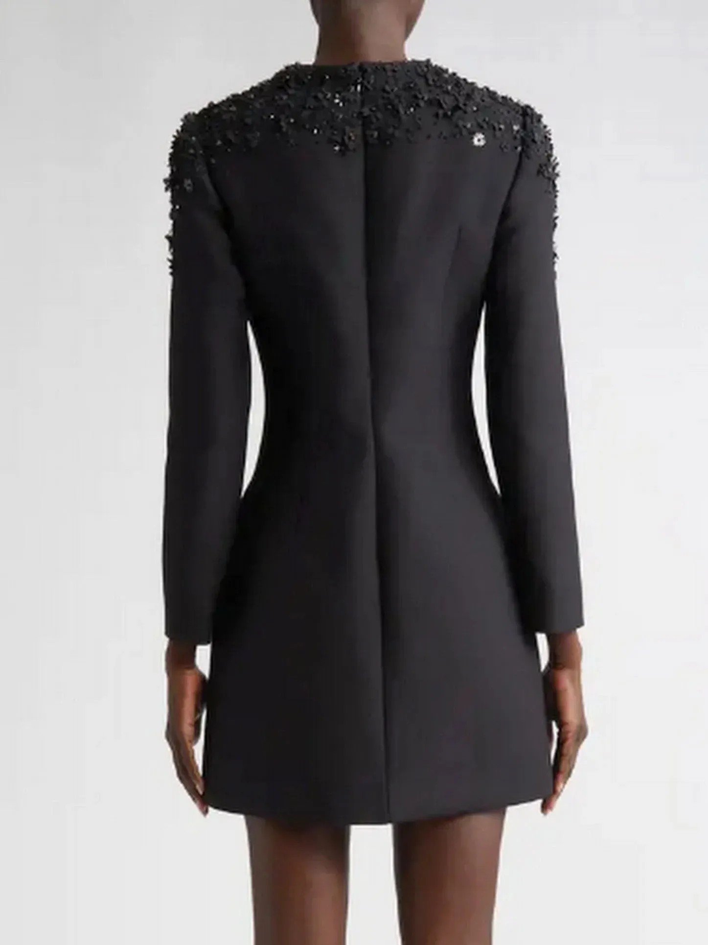 Black Floral-Appliques Long-Sleeve Mini Dress