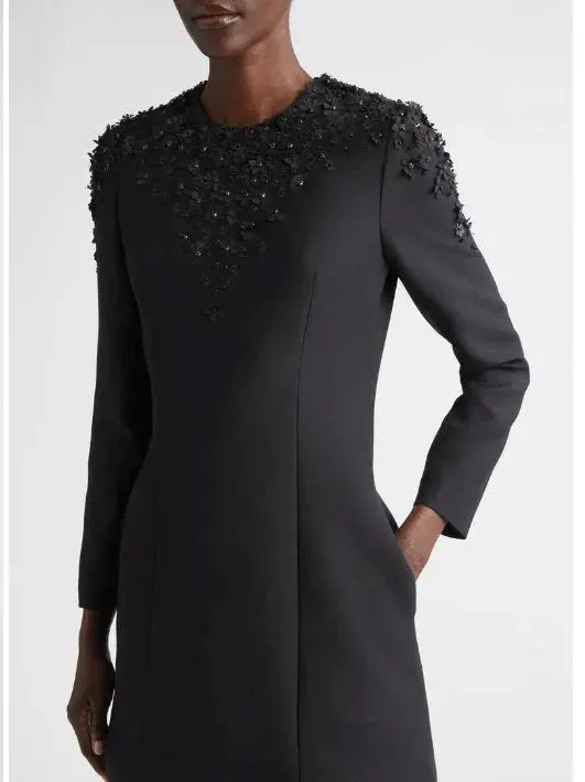 Black Floral-Appliques Long-Sleeve Mini Dress