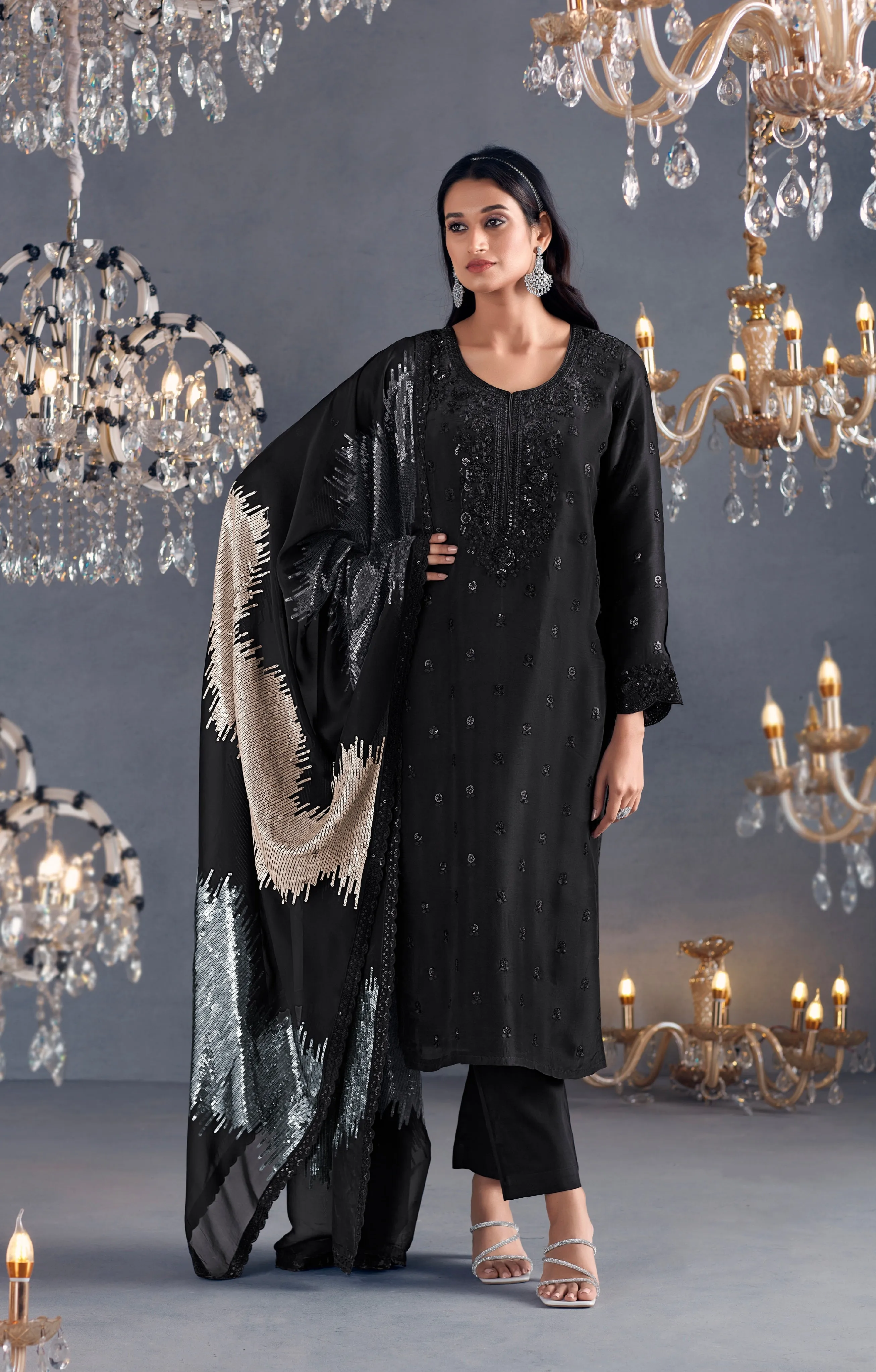 Black Straight Suit with Sequins Embroidered Organza Dupatta