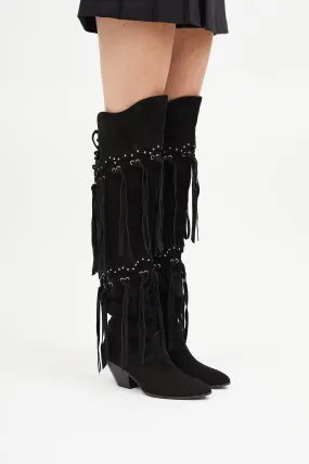 Black Suede Thigh High Fringe Boot