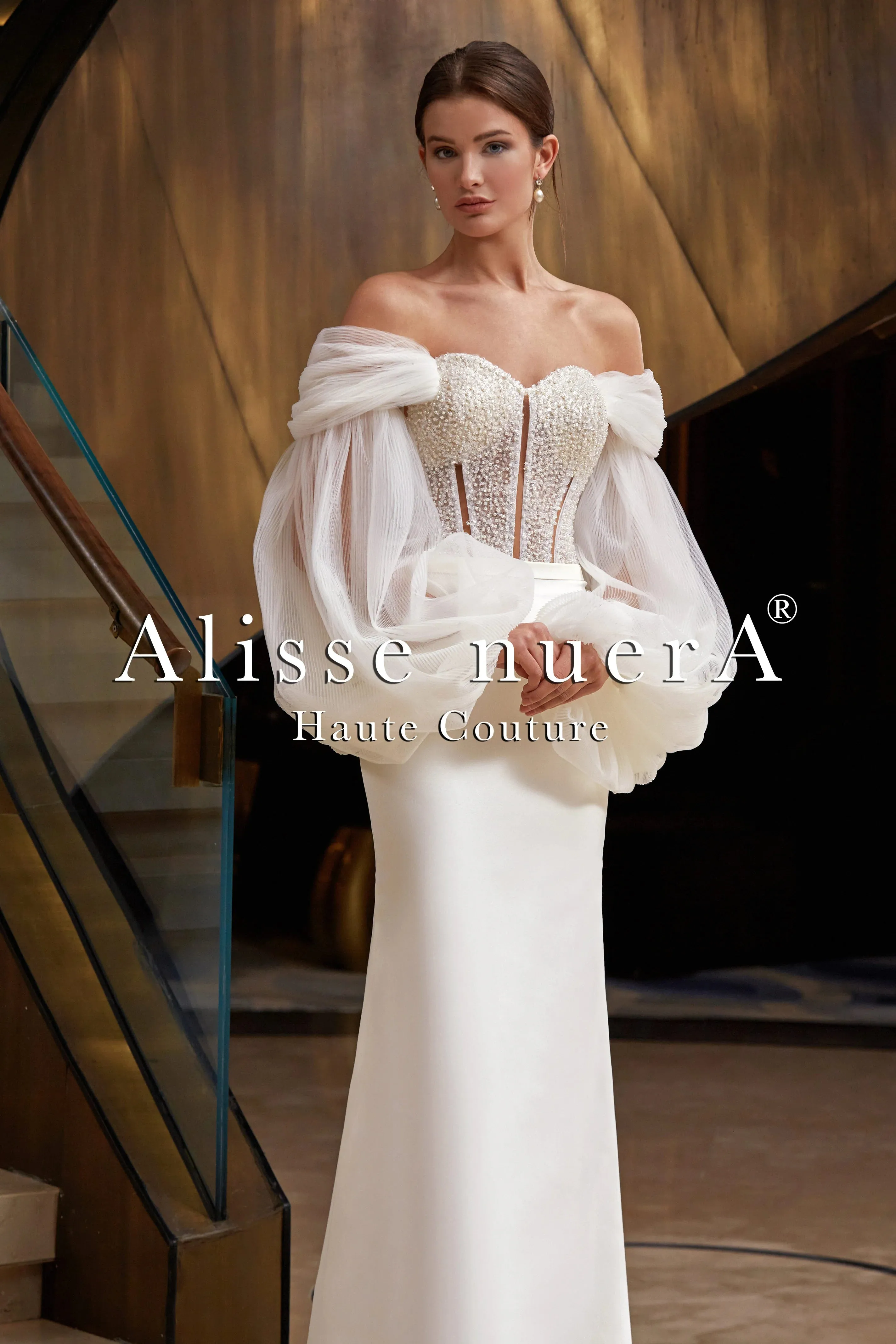 Cathedral Train Off Shoulder Long Wide Sleeve Bridal Dress
