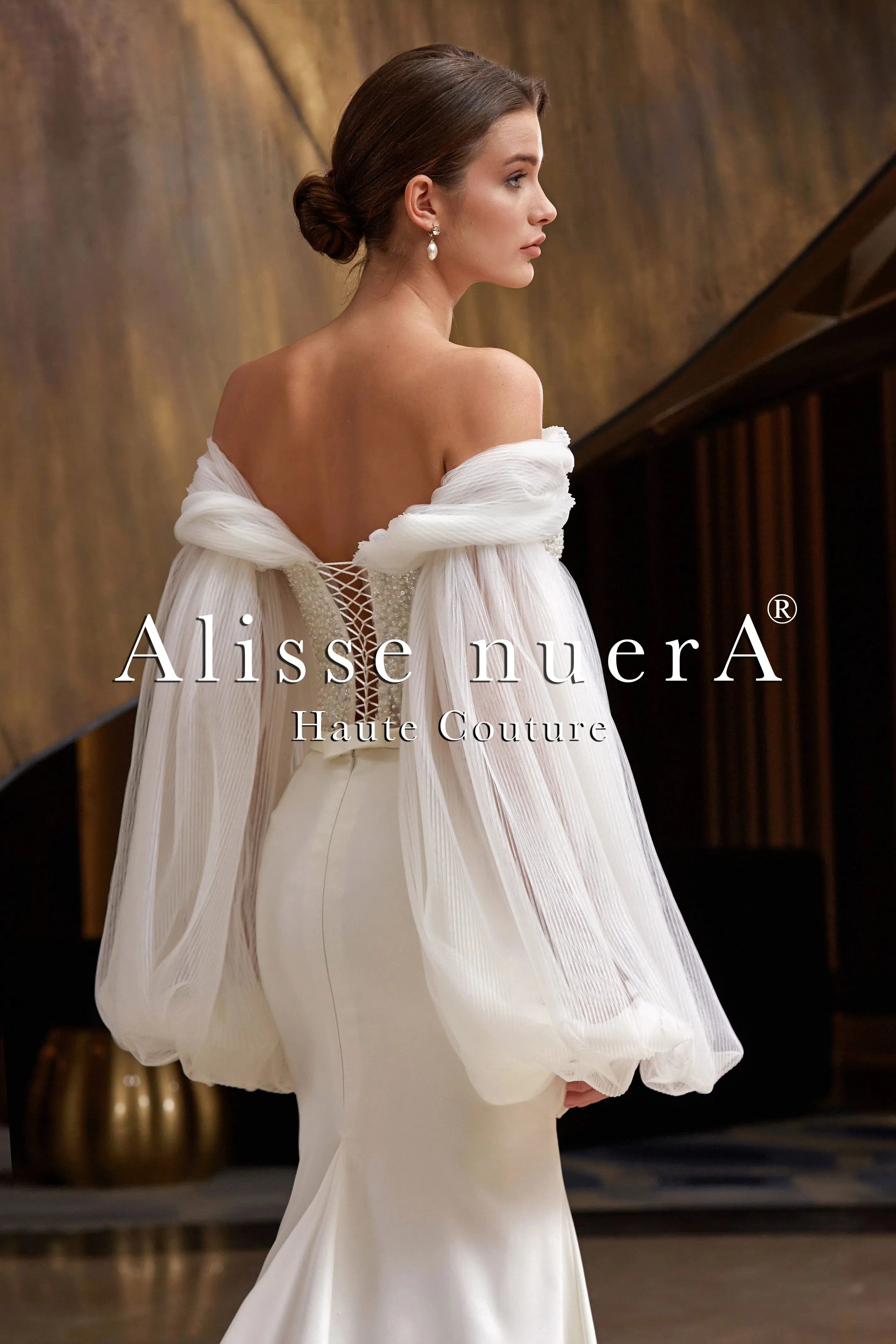 Cathedral Train Off Shoulder Long Wide Sleeve Bridal Dress