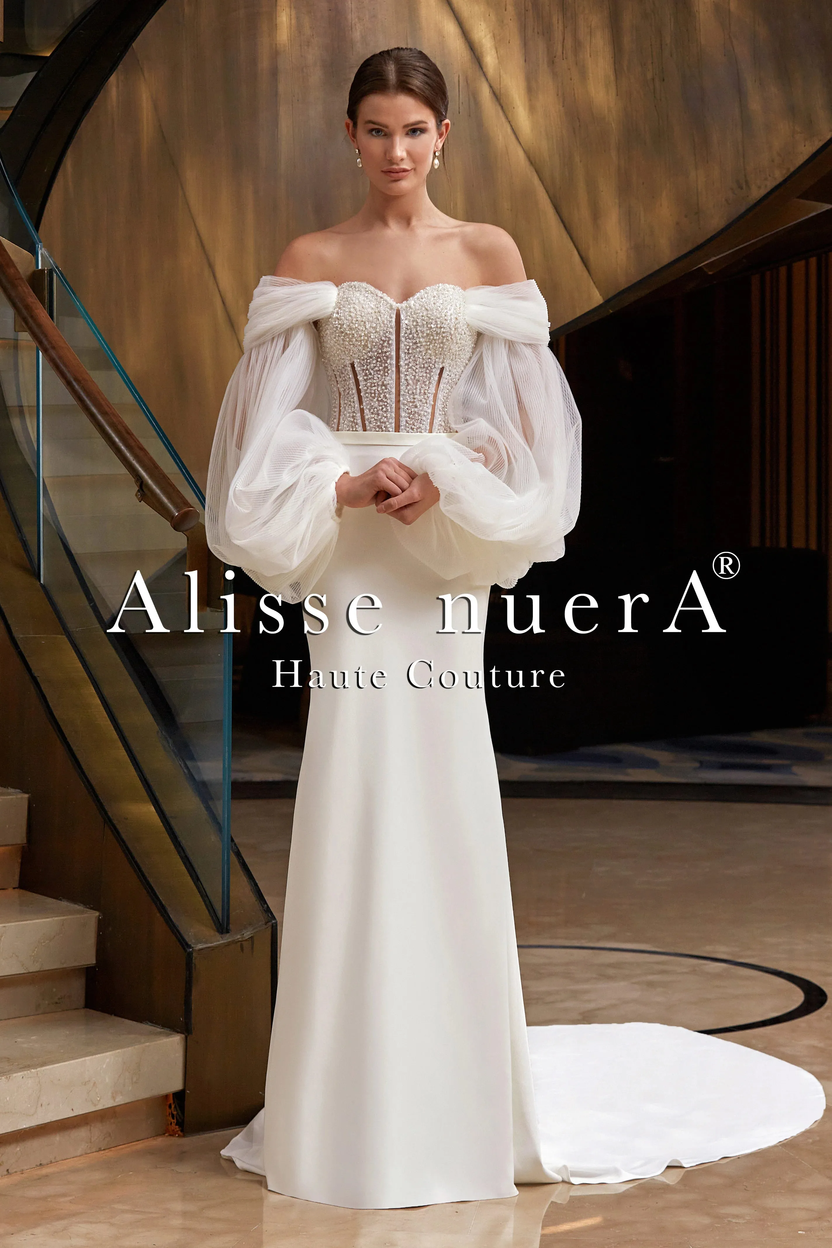 Cathedral Train Off Shoulder Long Wide Sleeve Bridal Dress