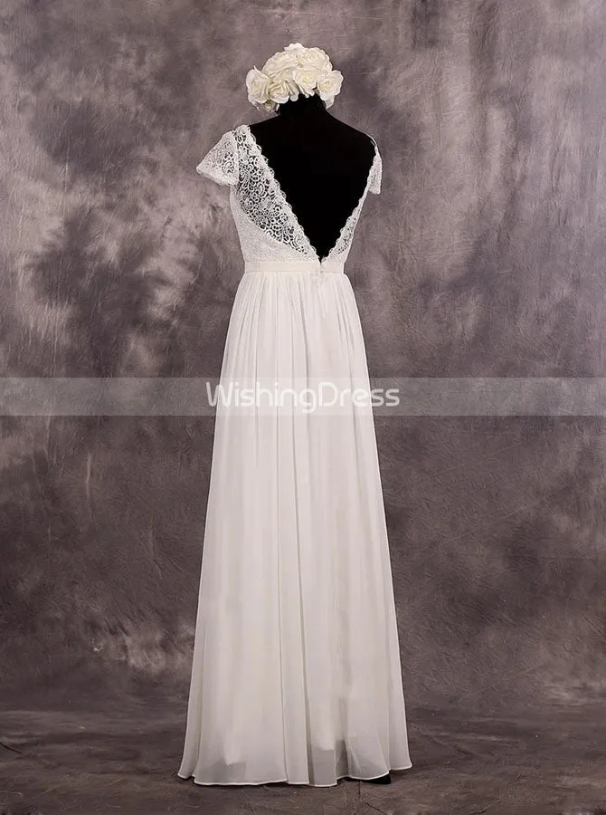 Chiffon Wedding Dress with Short Sleeves,Vintage Beach Wedding Dress,WD00527