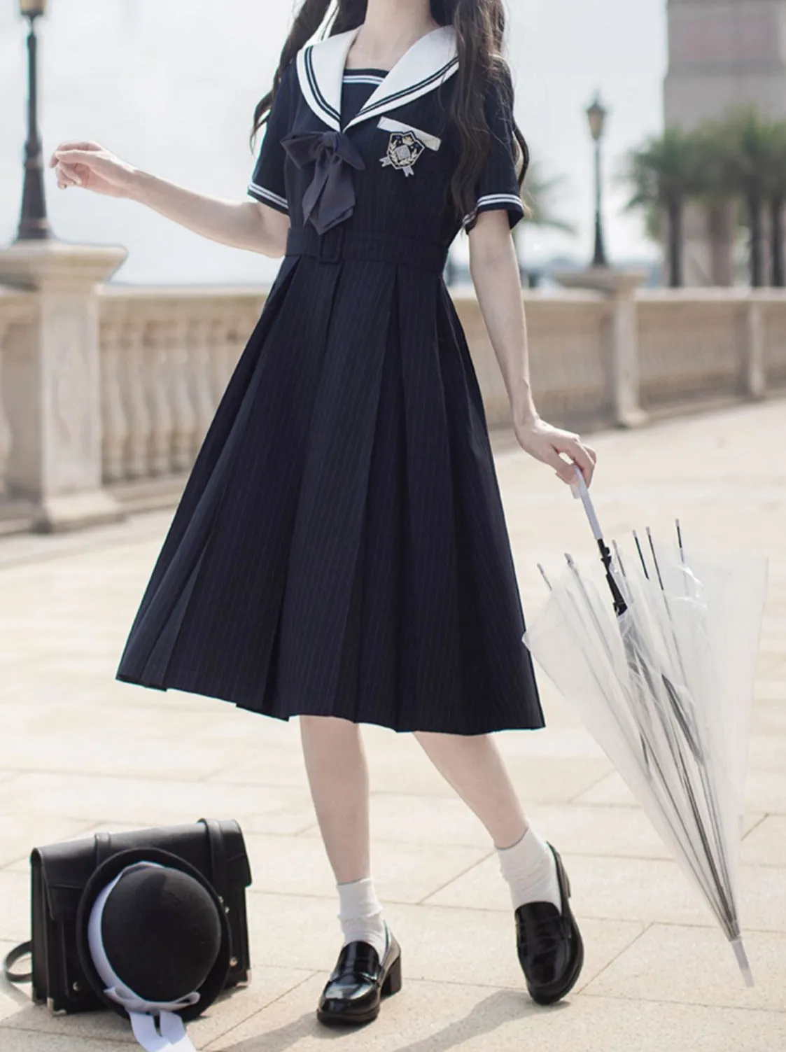 Collar Black   Sailor Emblem Striped Badge Ribbon Dress