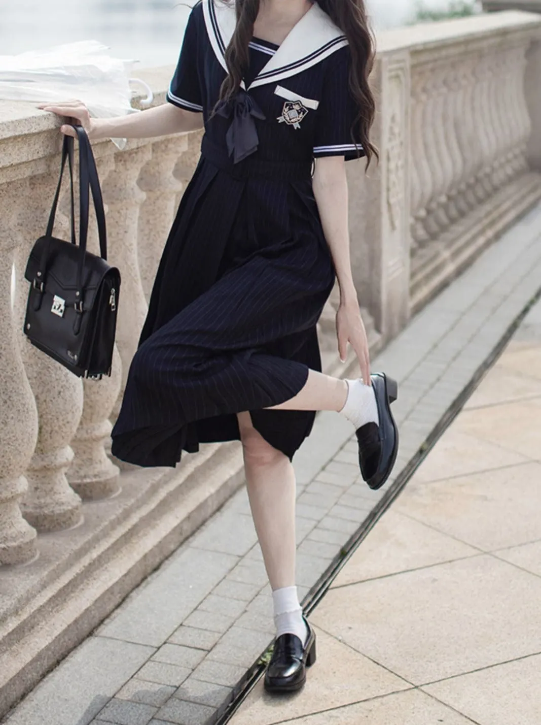 Collar Black   Sailor Emblem Striped Badge Ribbon Dress