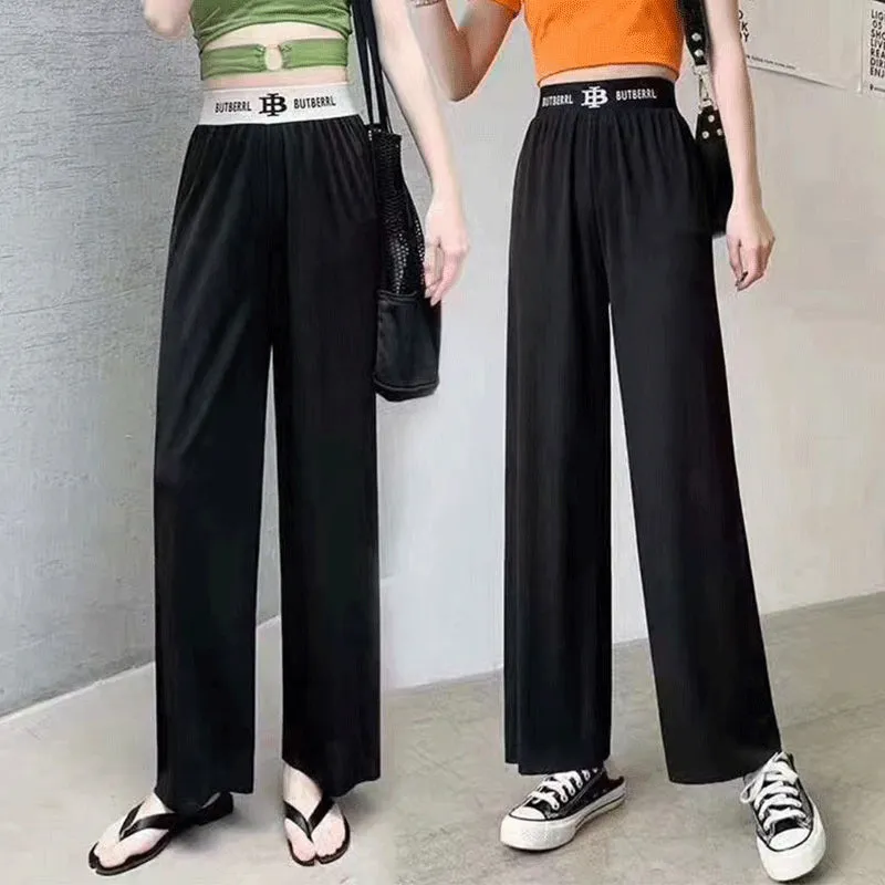 Cool Pants Wide Leg Inspired Summer Ice Silk High Waist Drape Straight Floor Length Long Pants