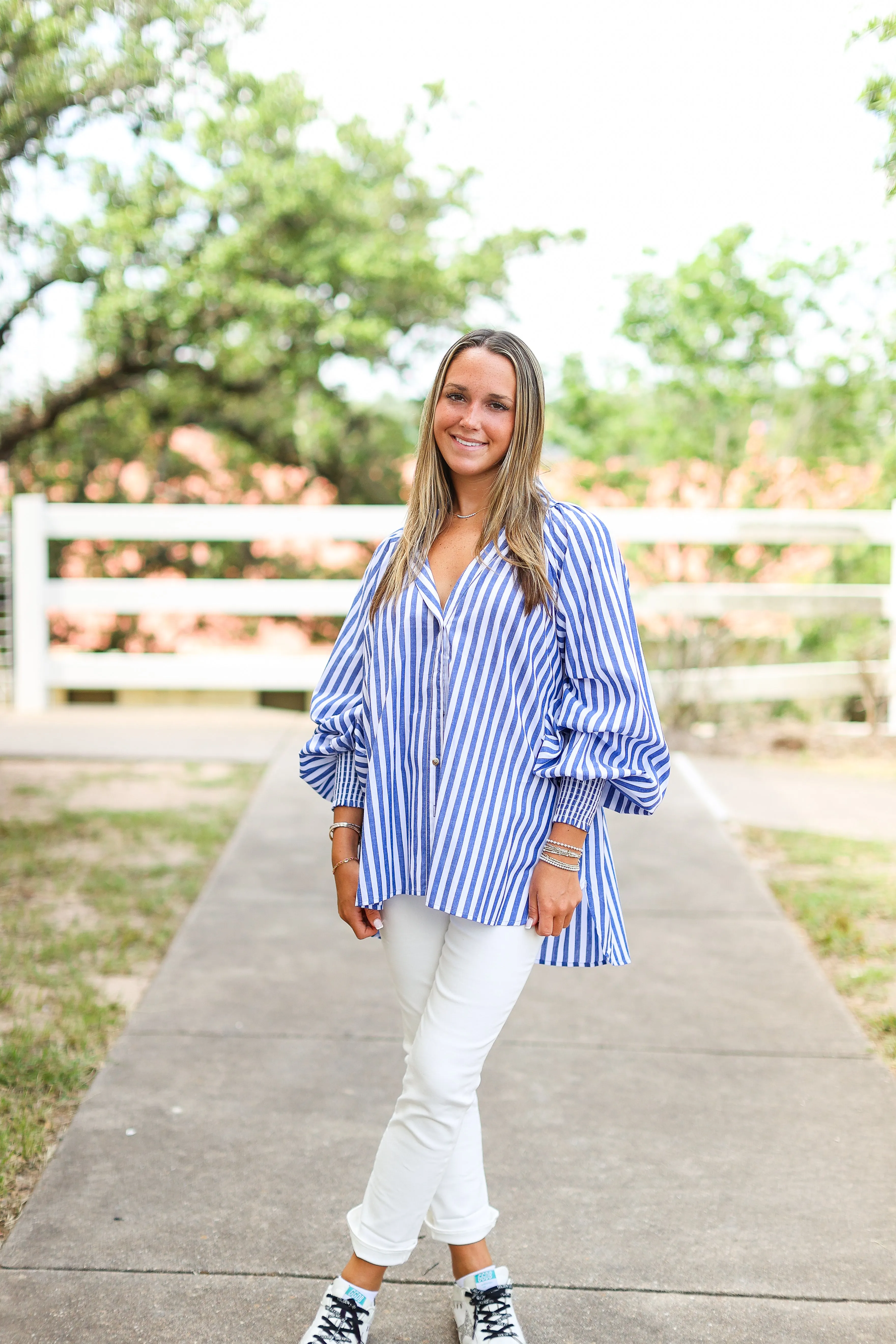 Coraline Patterned Long Sleeve Blouse in Cobalt Stripe