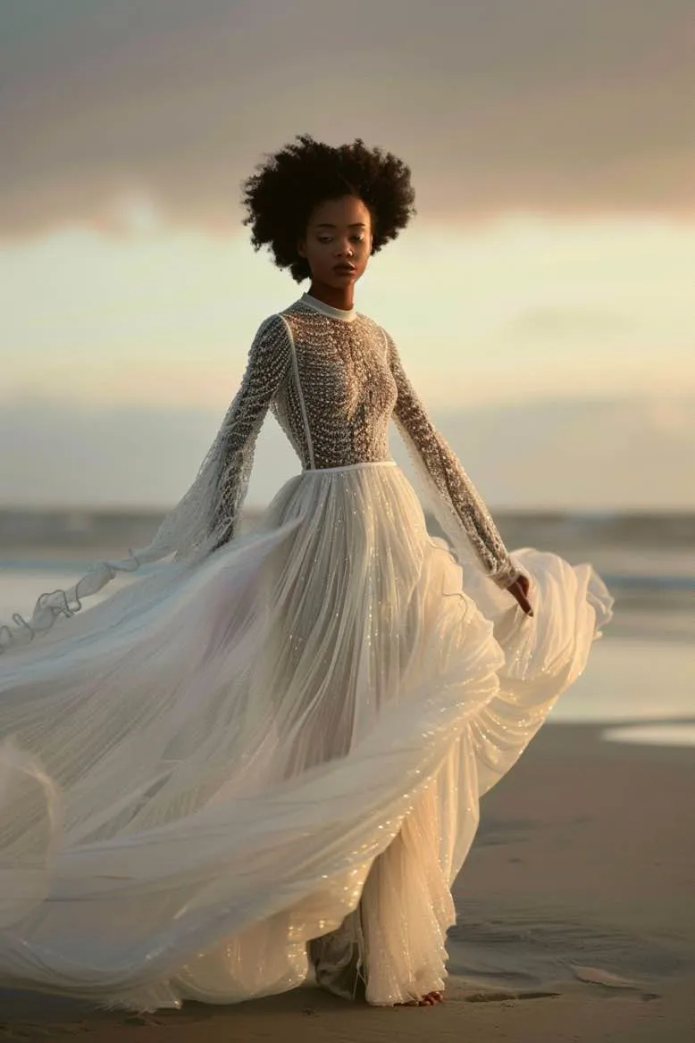 Darcie  Elegant Sequin High Neck  White  Long Sleeves Boho Gown  Wedding Dress