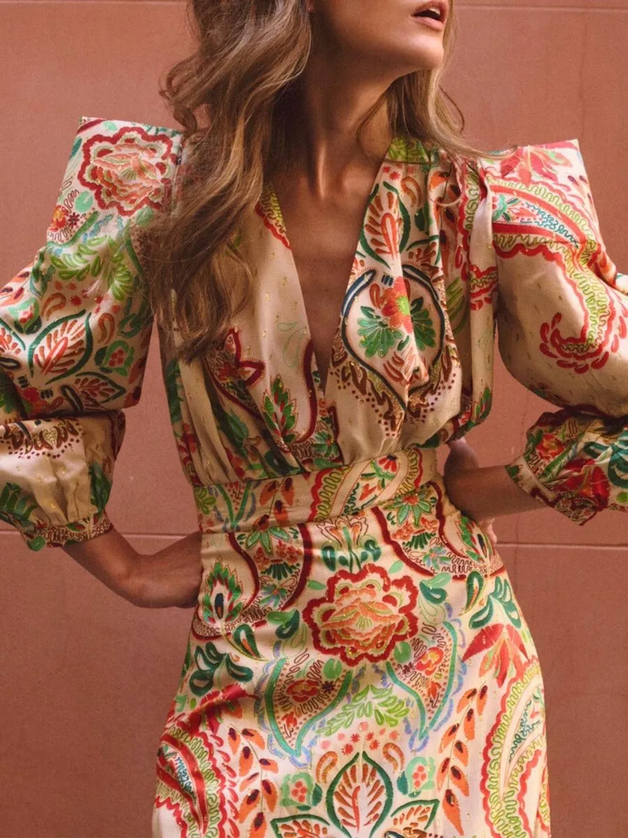 Deep V Neck Printed Long Sleeve Dress