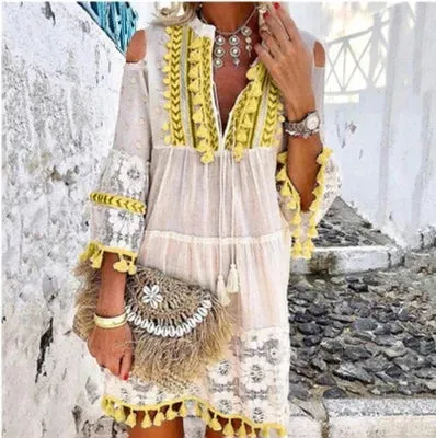 FashionSierra-Vintage  Long Sleeve  Mini  Women  Beach Wear  Deep V  Tassel  Summer  2024  Floral Embroidery  Lace  Vestidos Boho Dress