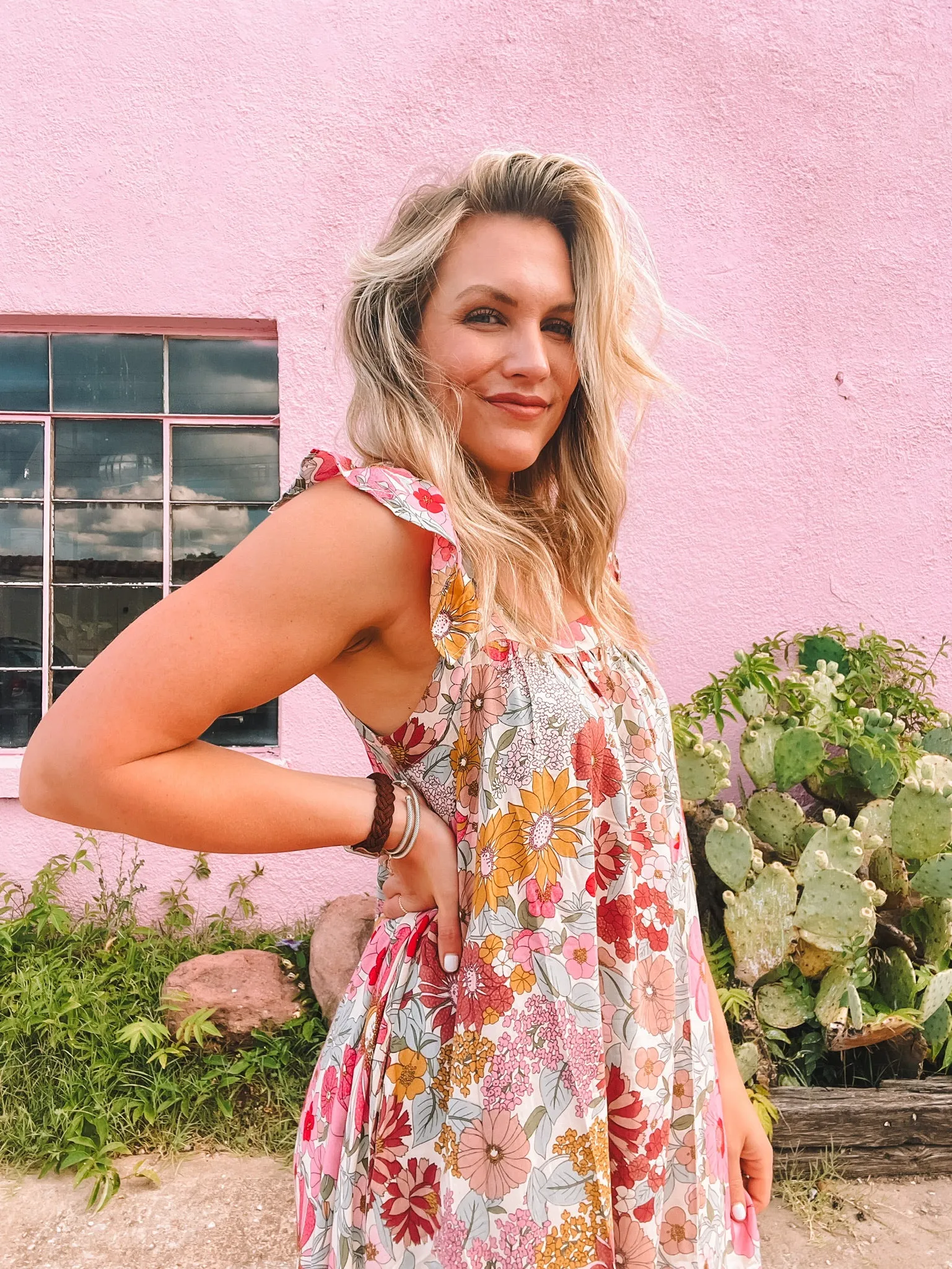 floral print square neck maxi dress - pink