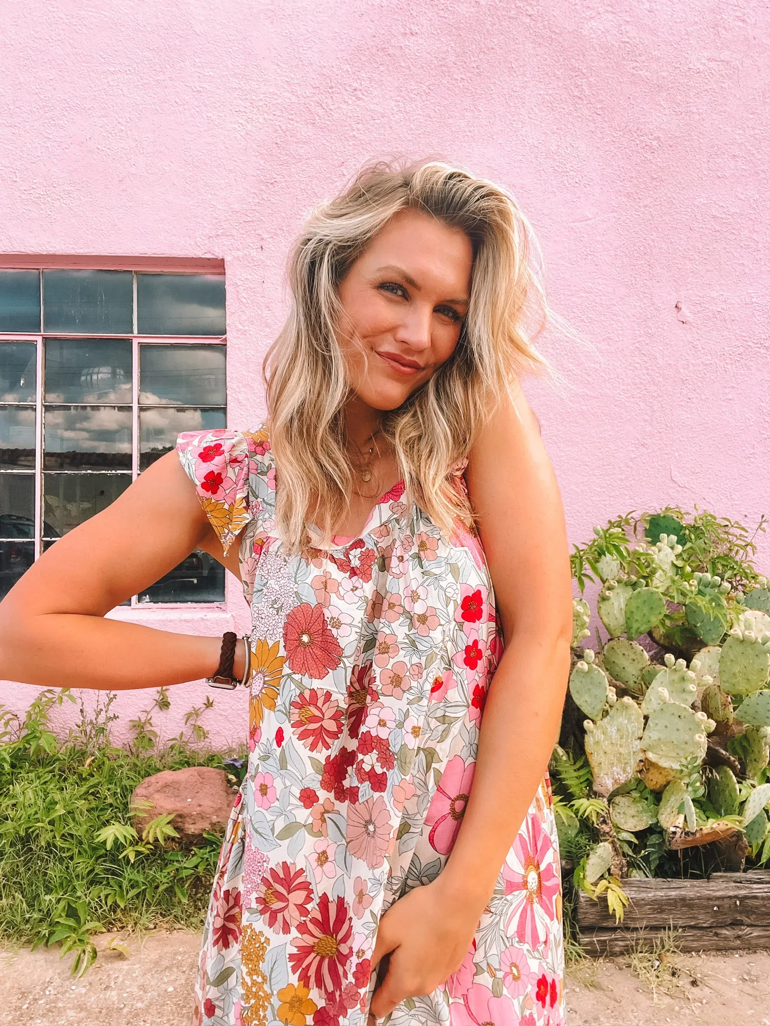 floral print square neck maxi dress - pink