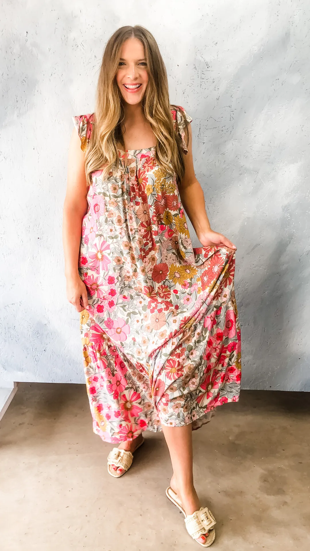 floral print square neck maxi dress - pink