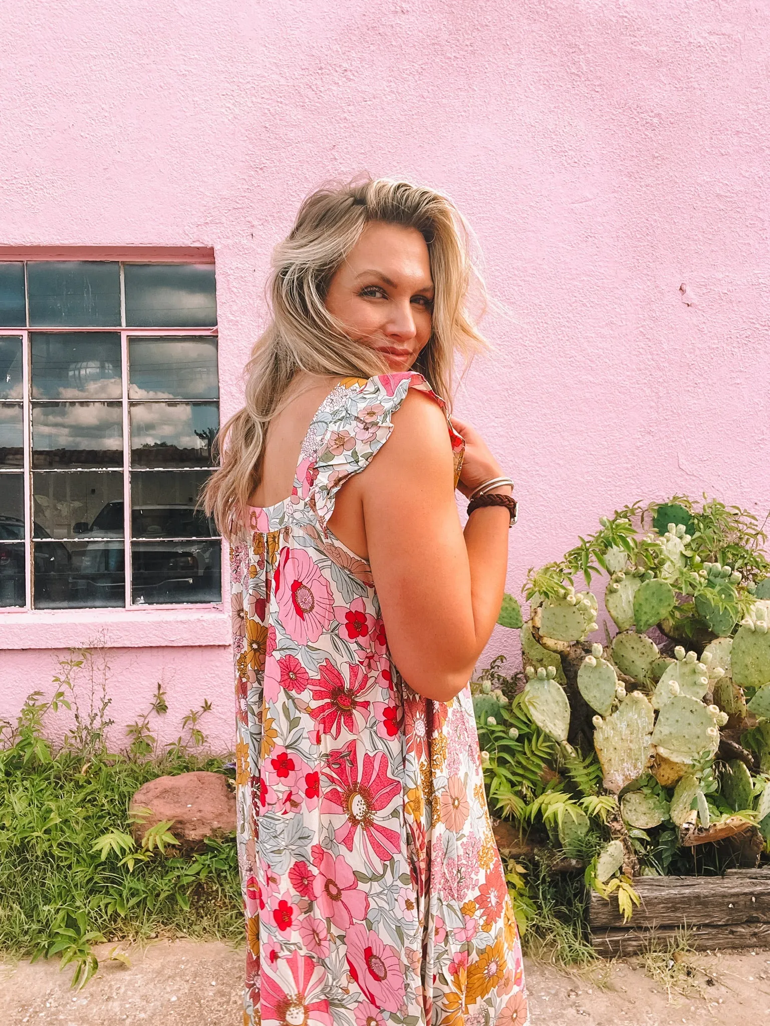floral print square neck maxi dress - pink