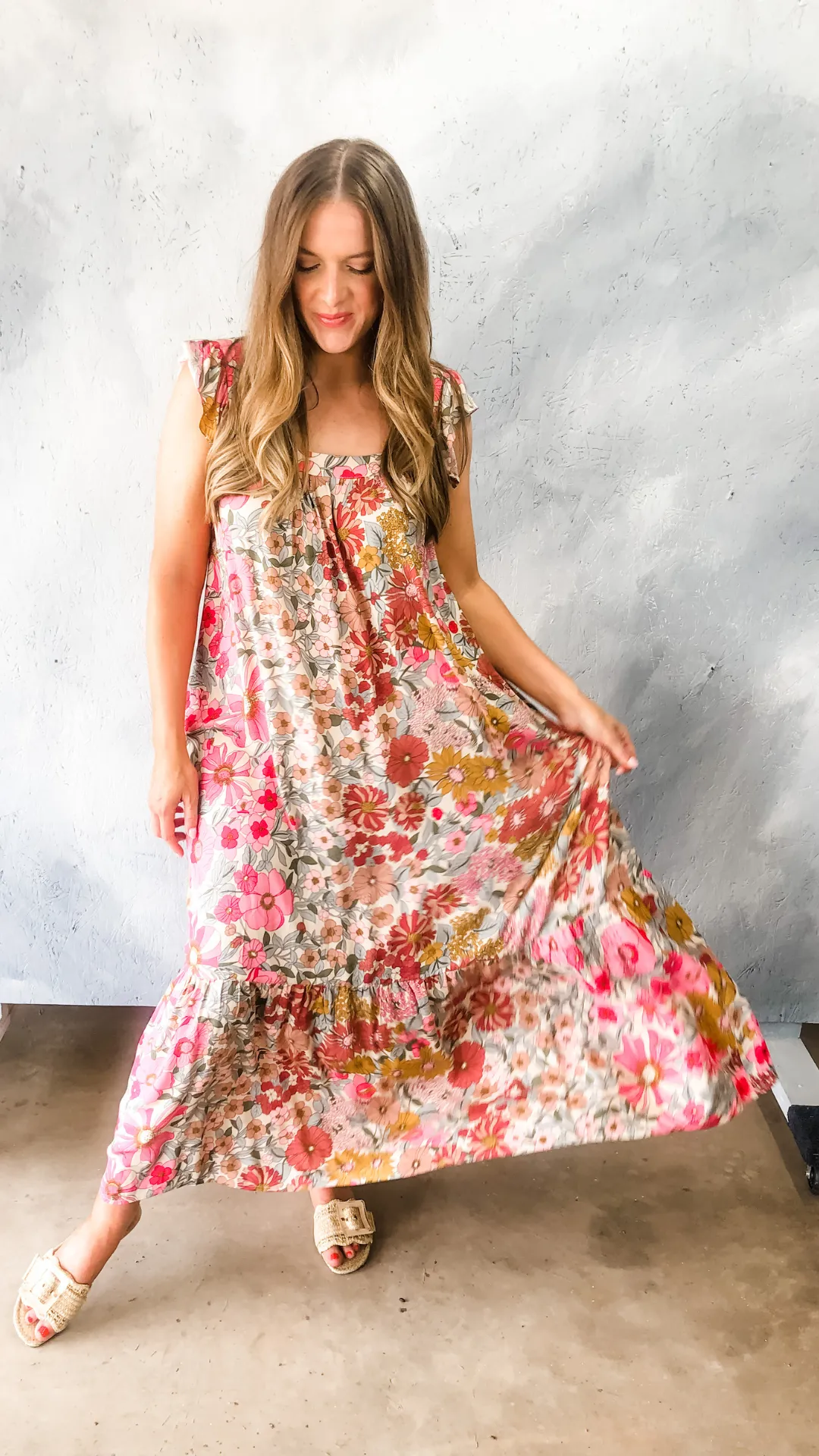 floral print square neck maxi dress - pink