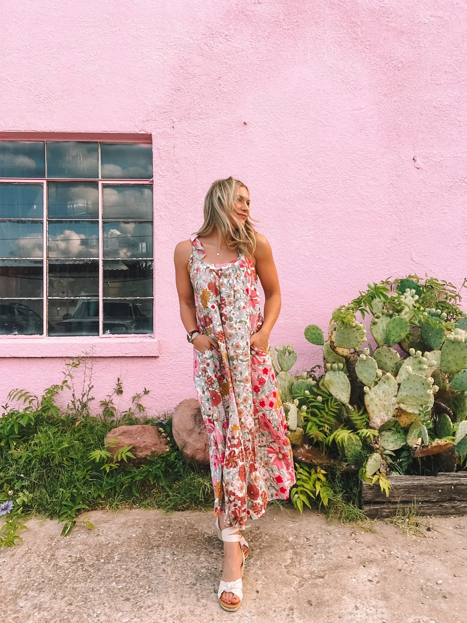 floral print square neck maxi dress - pink
