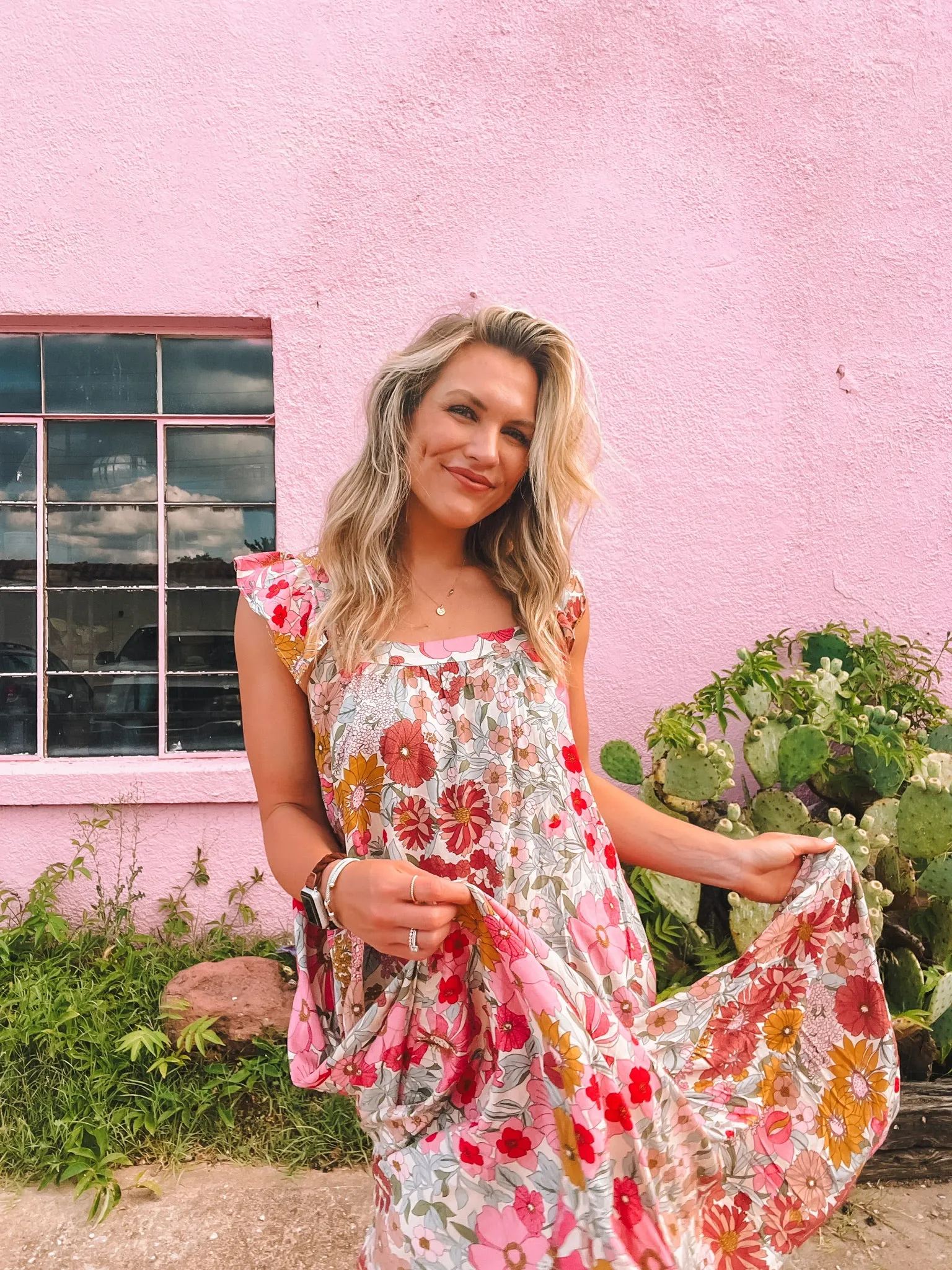 floral print square neck maxi dress - pink