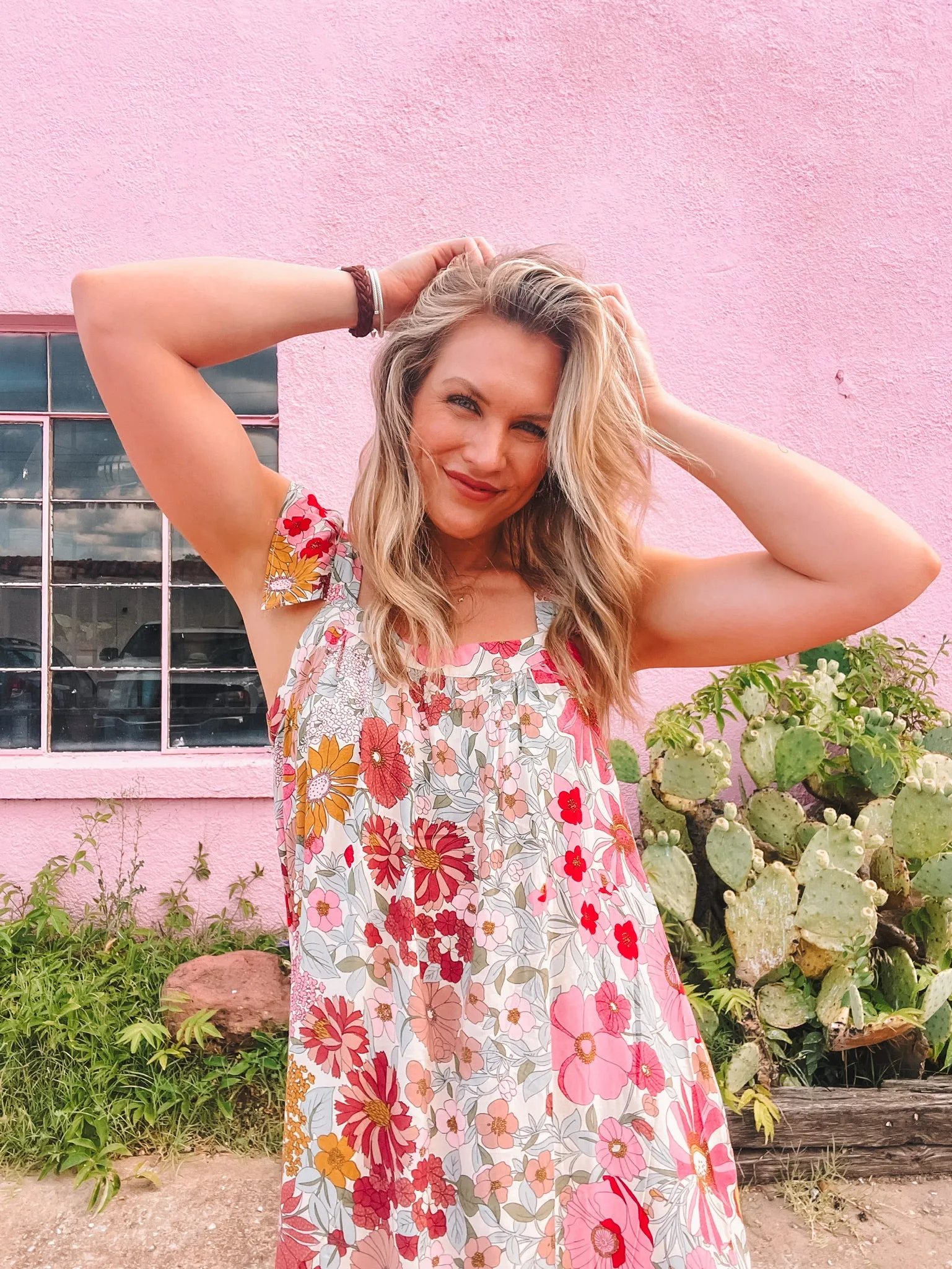 floral print square neck maxi dress - pink