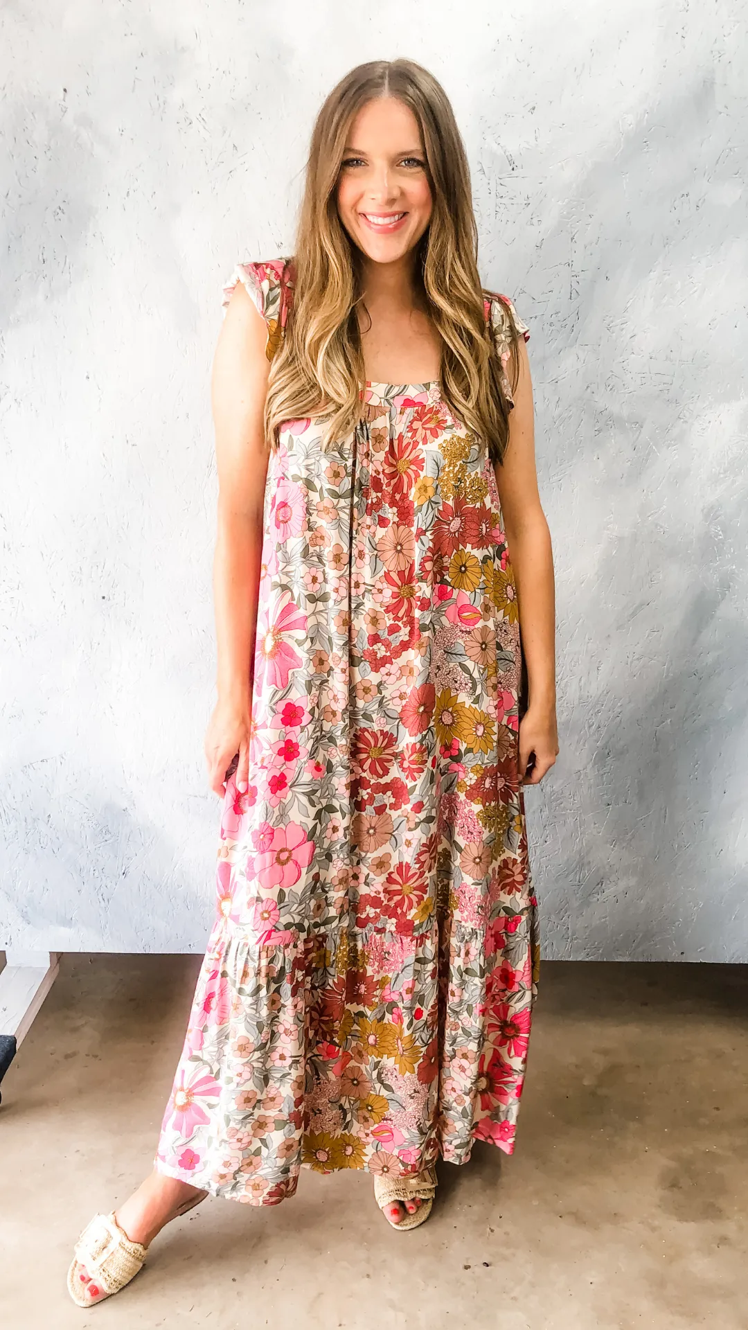 floral print square neck maxi dress - pink