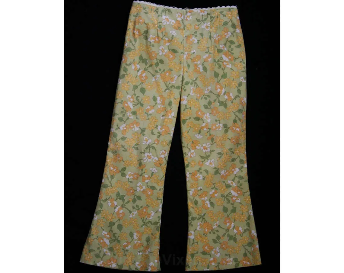 Girl's Size 6 Bellbottoms - 60s Girls Hippie Chic Pant - Spring - Summer - Peach & Khaki Floral Bell Bottom Trouser - 1960s Deadstock NWT