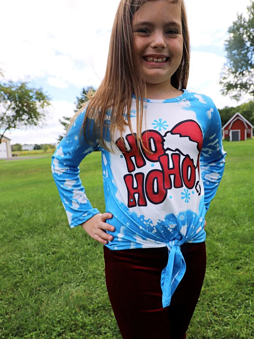 Ho Ho Ho Burgundy & Blue Acid Wash Girls Christmas Santa Bell Bottom Outfit