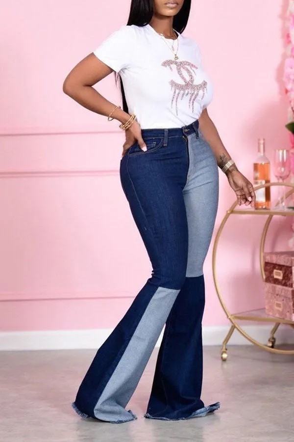 hulianfu Color Block Feminine Flared Jeans