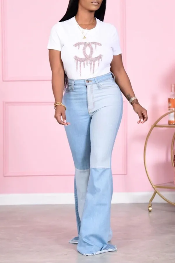 hulianfu Color Block Feminine Flared Jeans