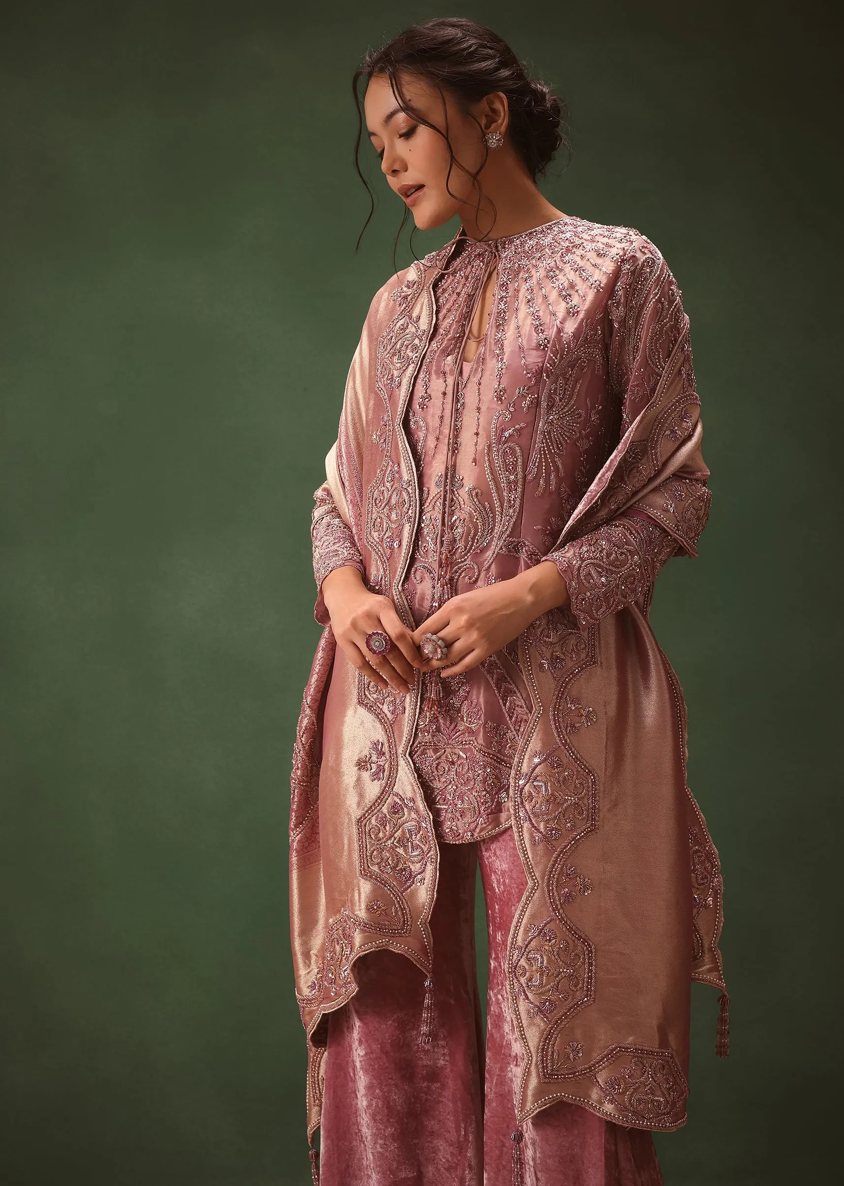 Lilac Embroidered Short Kurti Suit With Bell Bottom Pant