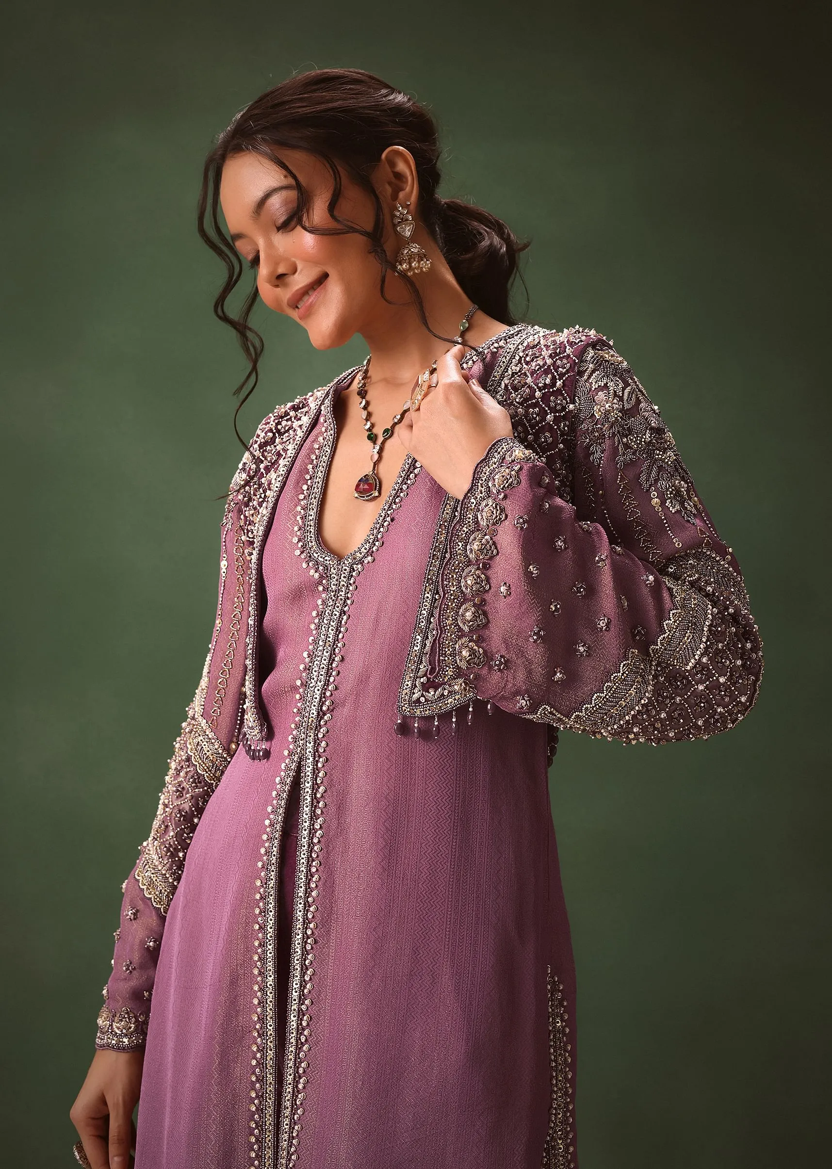 Mauve Straight Kurta With Embroidered Jacket And Bell Bottom Pants