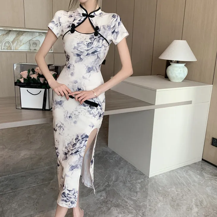 Retro Short-Sleeved Cheongsam Slit Dress