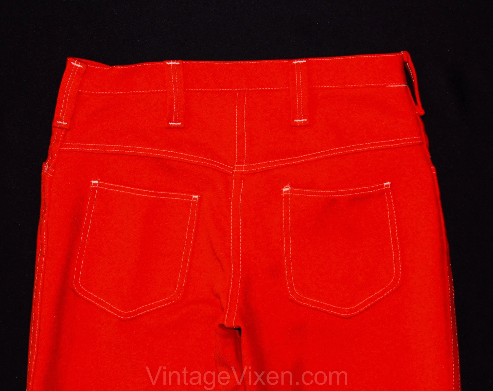 Size 12 Girl's 70s Bellbottom Pants - Hot Orange Red Polyester with White Top Stitching - 1970s Hippie Low Rise Bell Bottoms - Waist 27.5