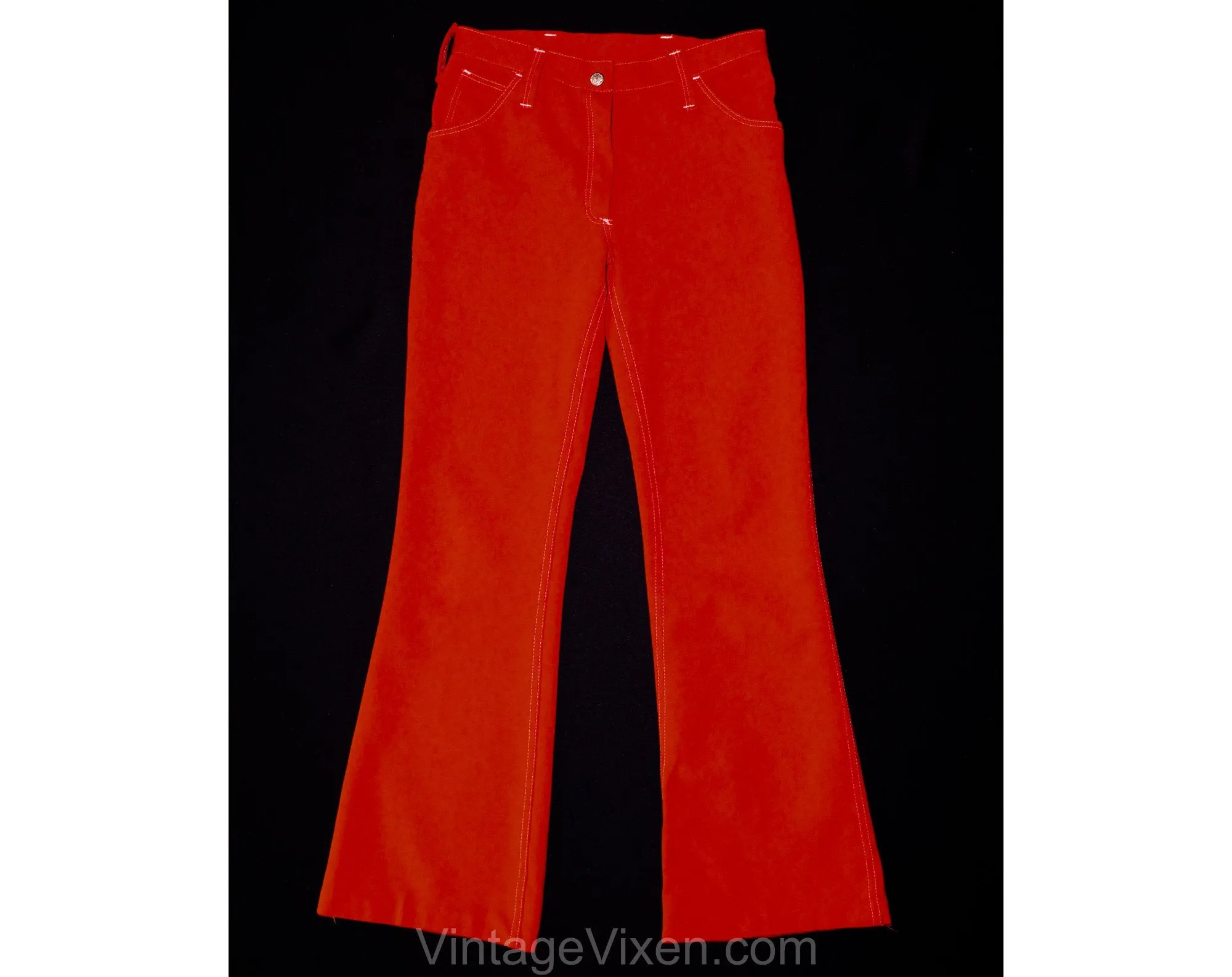 Size 12 Girl's 70s Bellbottom Pants - Hot Orange Red Polyester with White Top Stitching - 1970s Hippie Low Rise Bell Bottoms - Waist 27.5