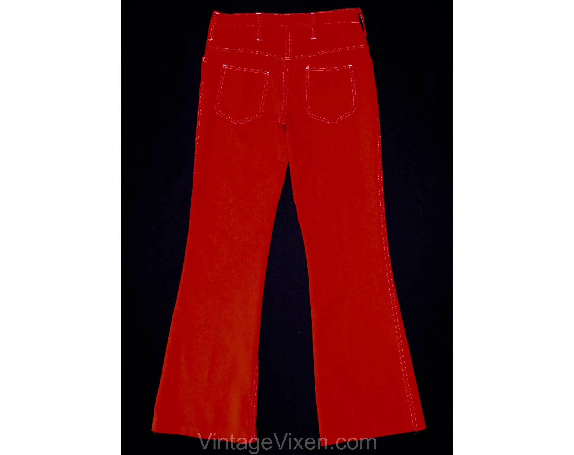 Size 12 Girl's 70s Bellbottom Pants - Hot Orange Red Polyester with White Top Stitching - 1970s Hippie Low Rise Bell Bottoms - Waist 27.5