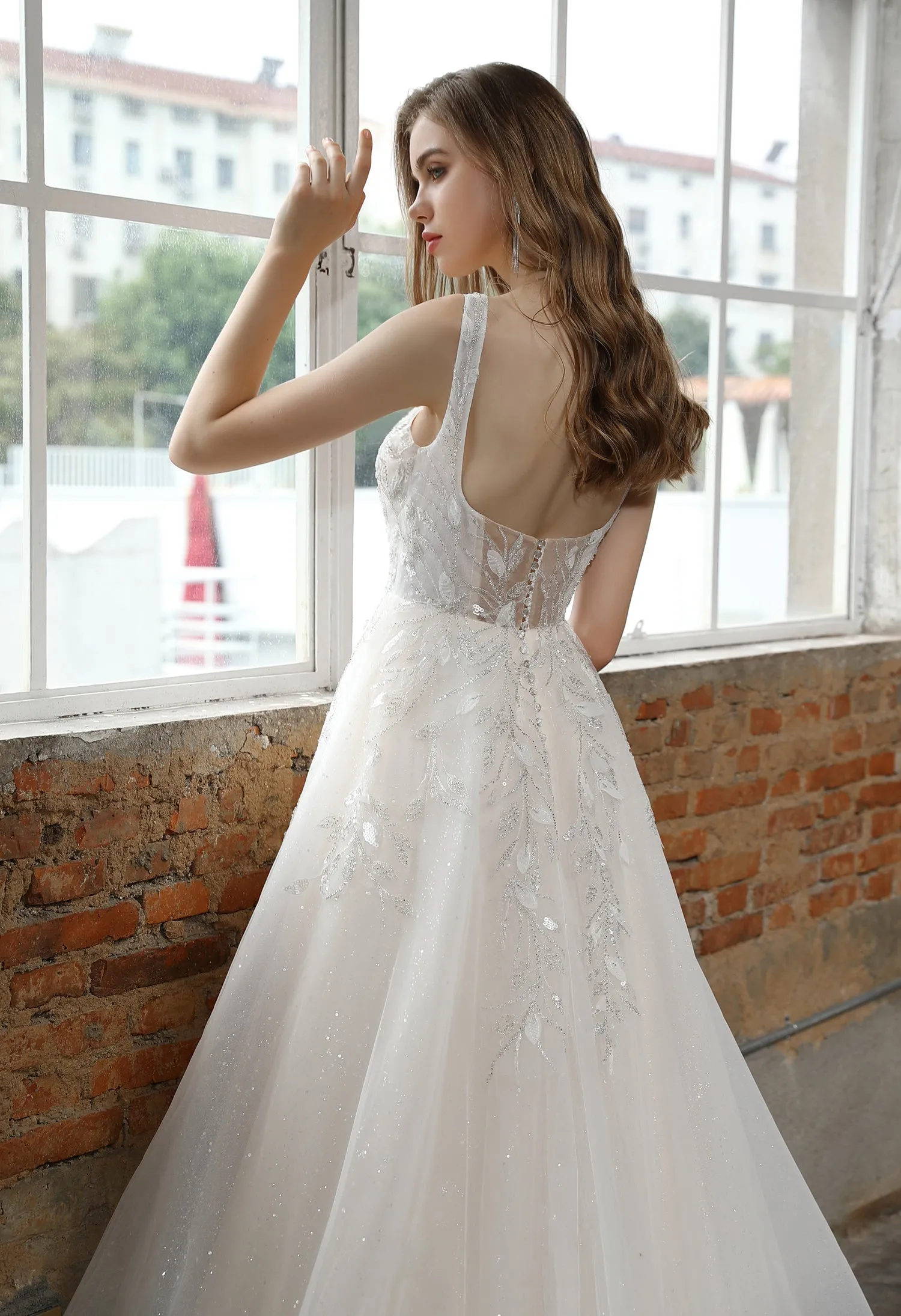 Square Neckline Wedding Dress with Delicate Leafy Lace
