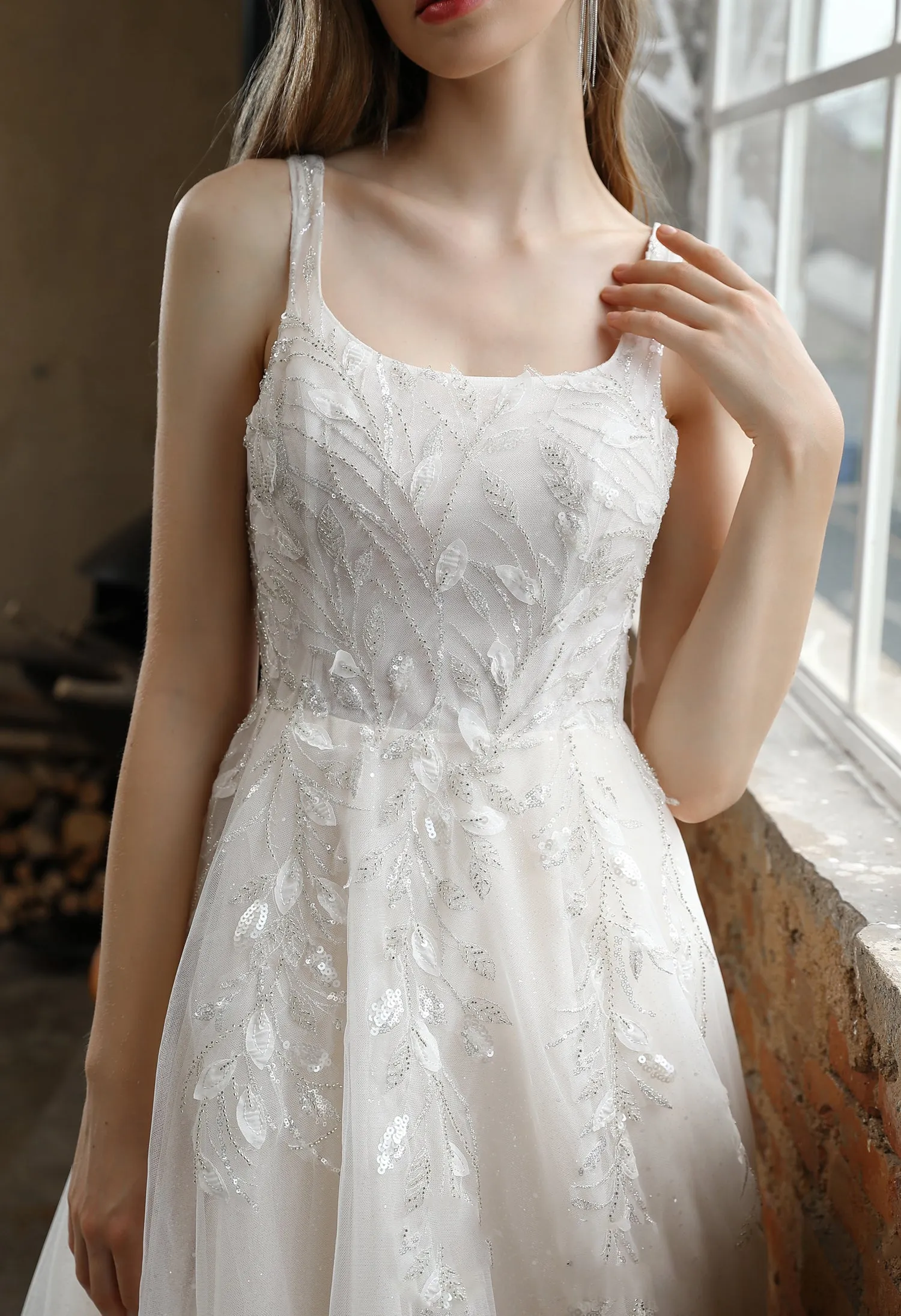 Square Neckline Wedding Dress with Delicate Leafy Lace