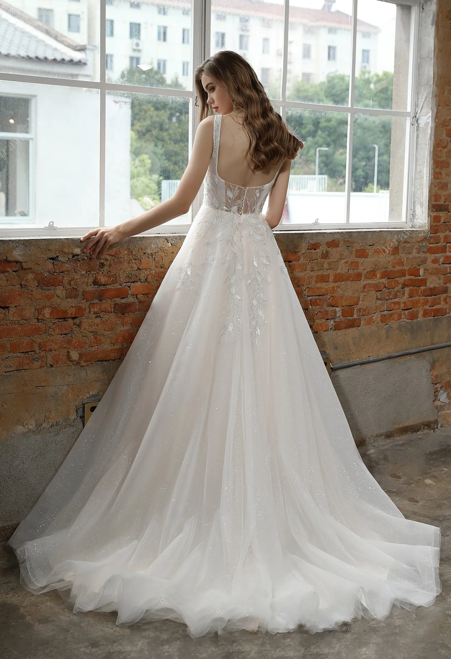 Square Neckline Wedding Dress with Delicate Leafy Lace